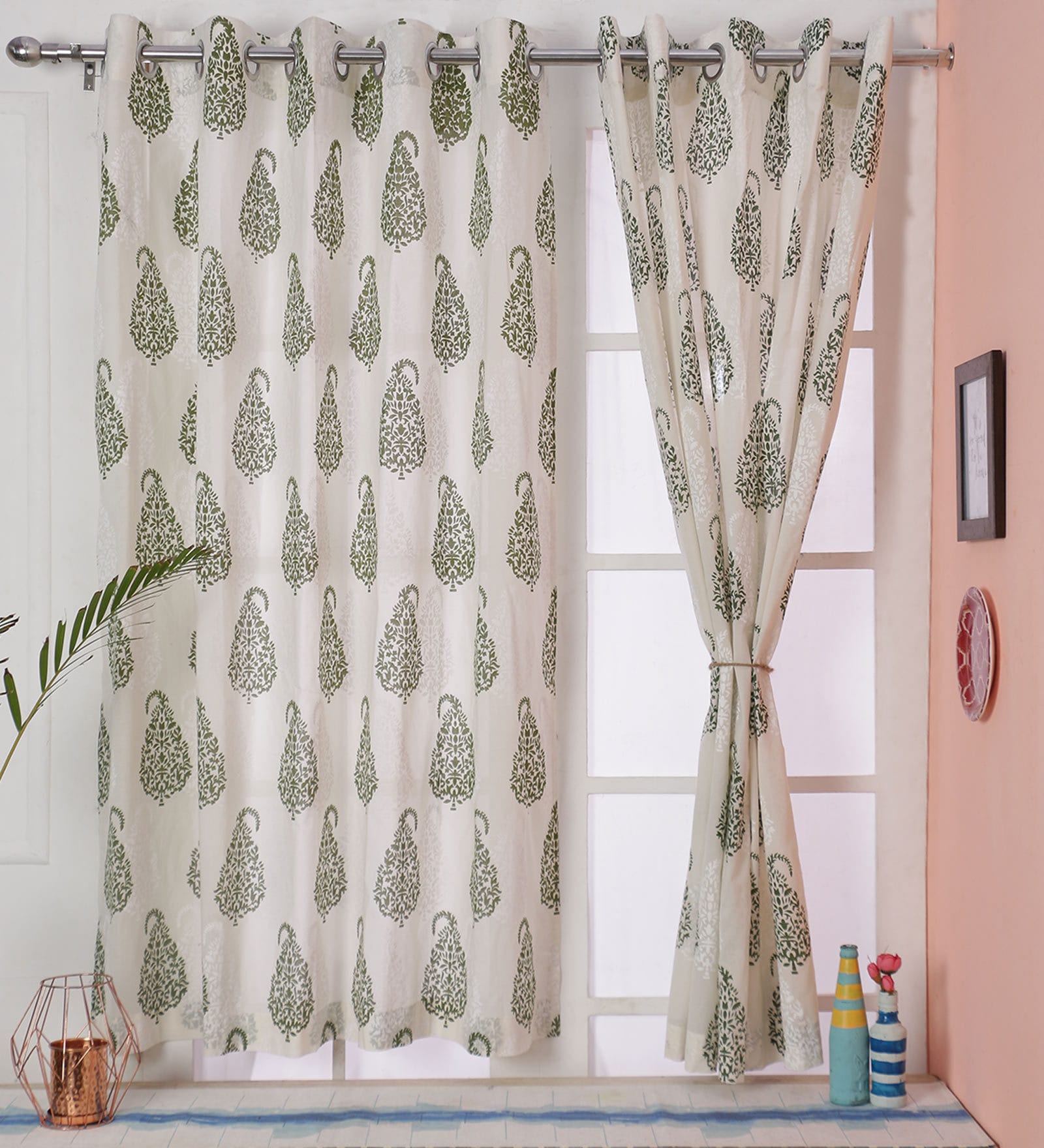 Green Traditional Cotton 5 Ft Semisheer Eyelet Window Curtain