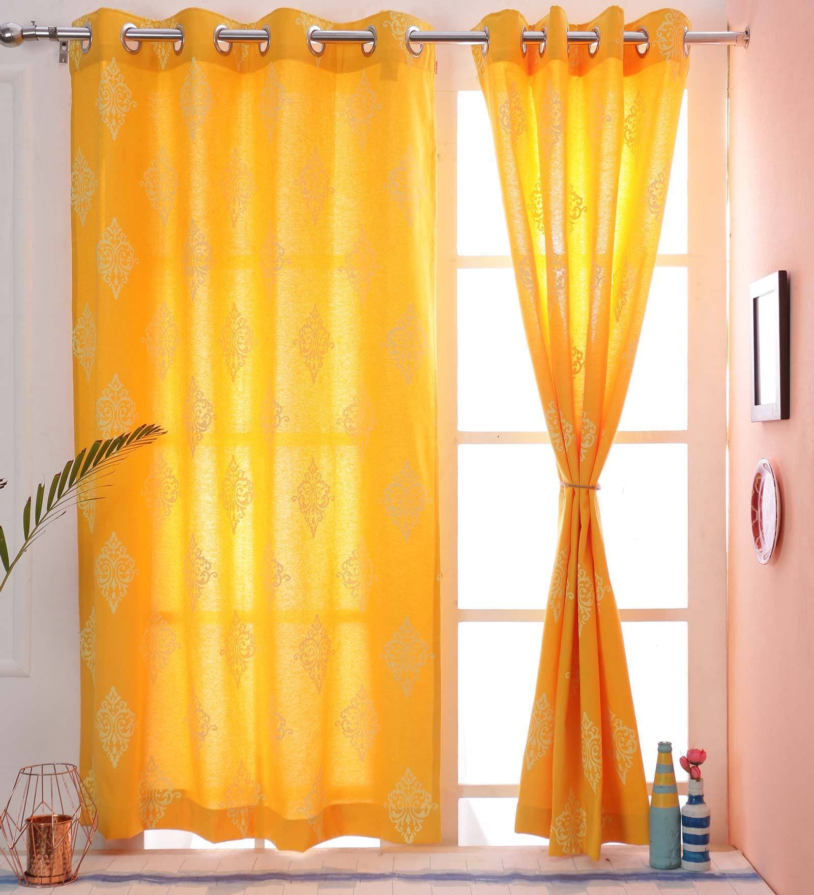 Yellow Traditional Cotton 5 Ft Light Filtering Eyelet Window Curtain