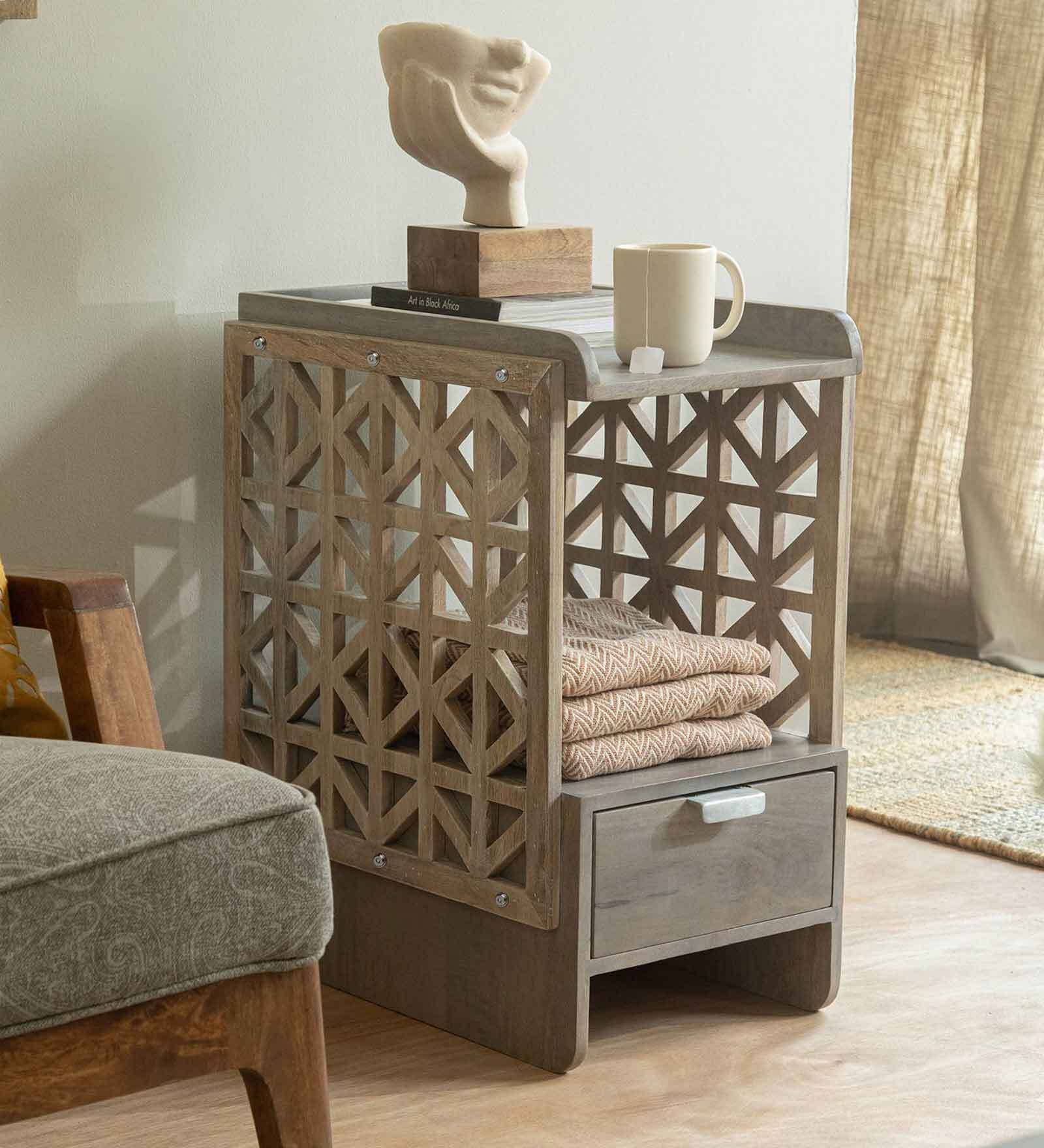 Palace Solid Wood End Table in Grey Finish