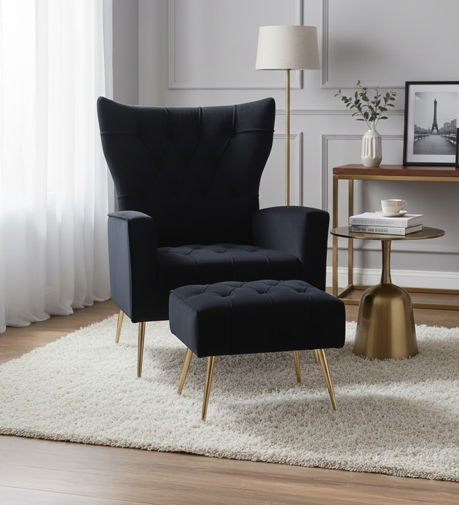 Palatial Velvet Fabric Wing Chair With Ottoman Footrest In Black Colour