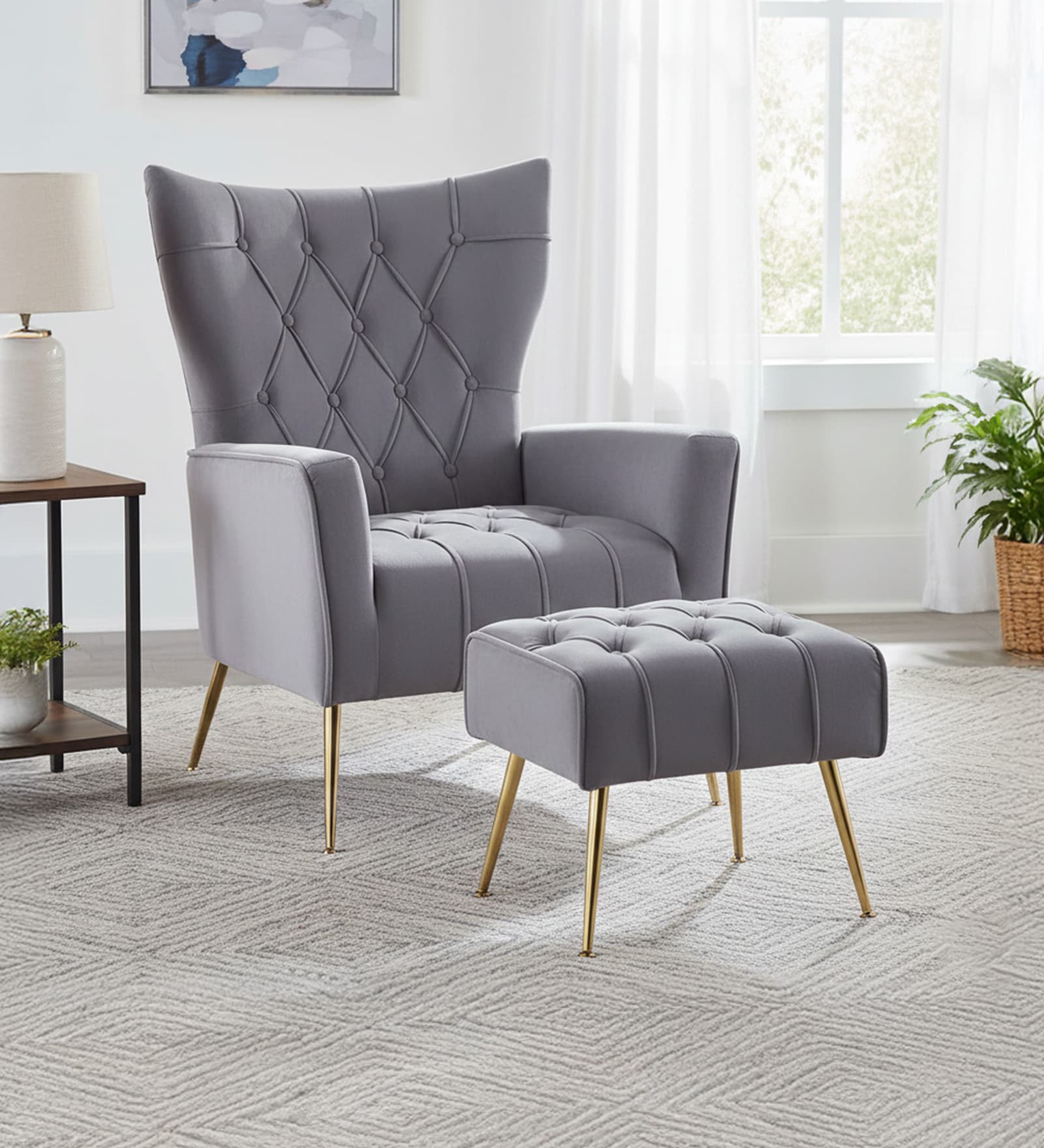 Palatial Velvet Fabric Wing Chair With Ottoman Footrest In Grey Colour