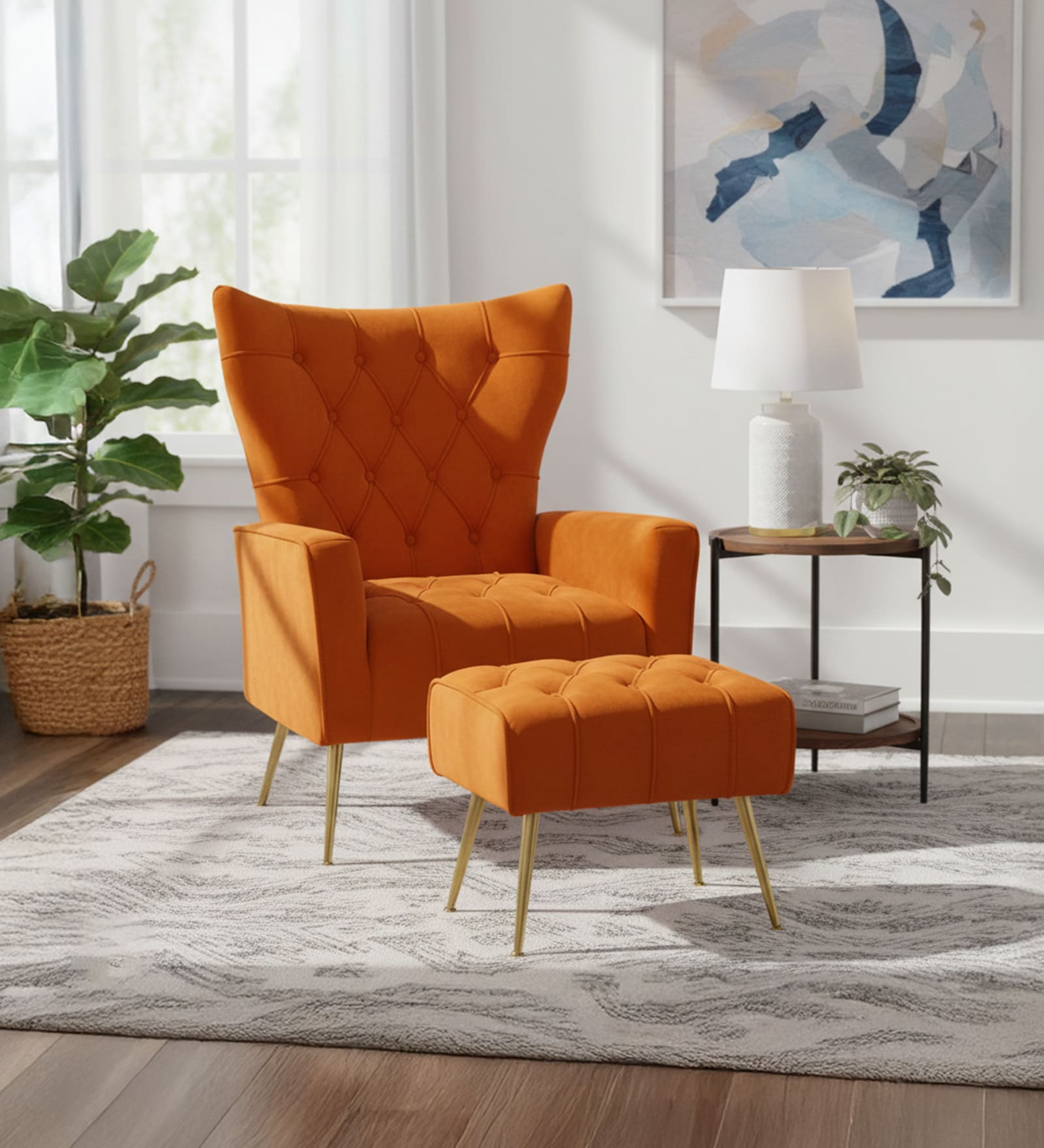Palatial Velvet Fabric Wing Chair With Ottoman Footrest In Orange Colour