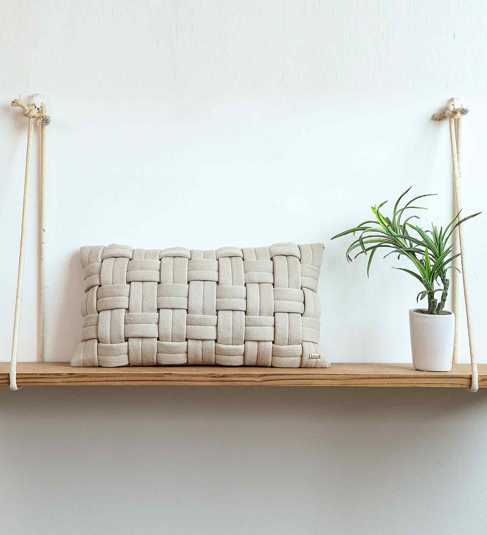 Pale Whisper 100% Cotton 12X20 Inches Knitted Cushion Cover With Filler