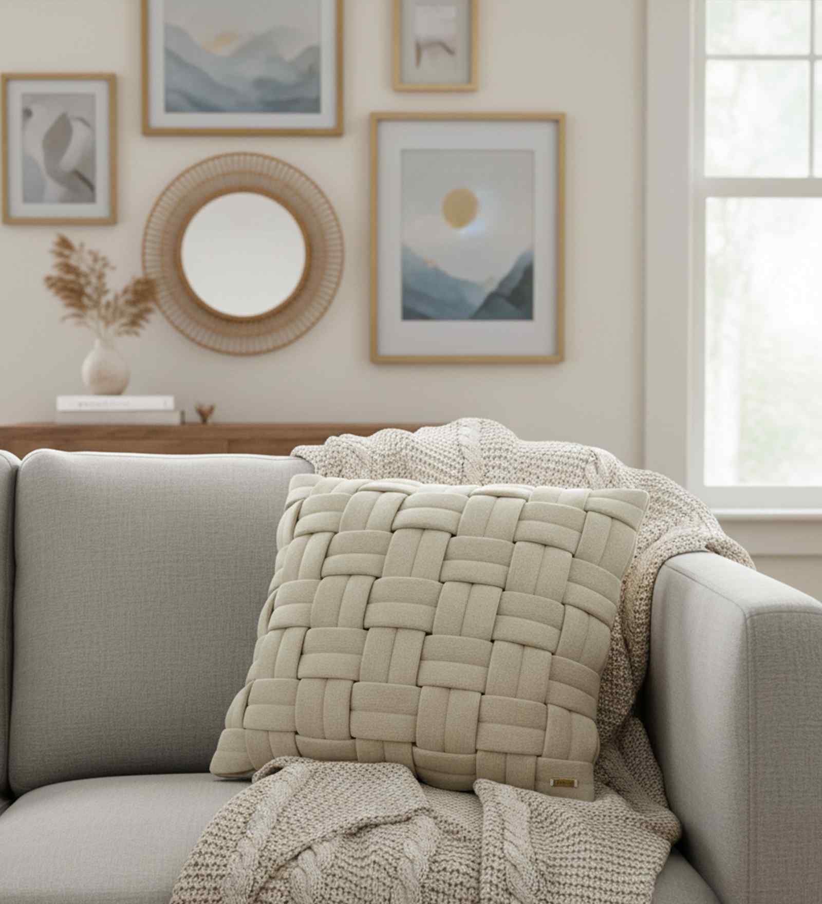 Pale Whisper 100% Cotton 16X16 Inches Knitted Cushion Cover With Filler