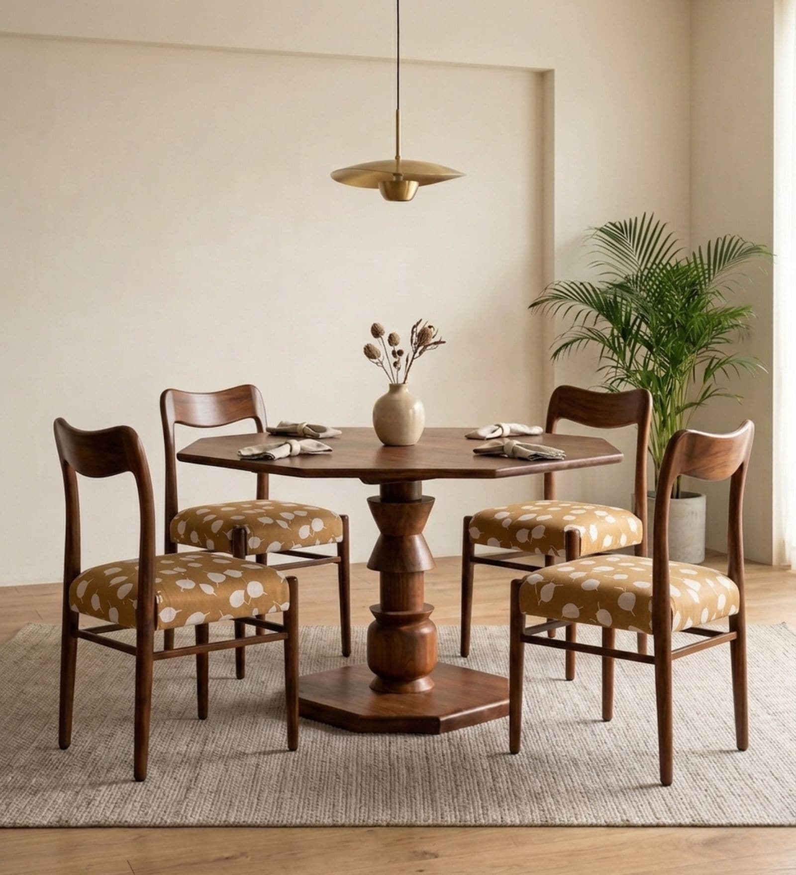 Pali 4 Seater Solid Acacia Wood Octagonal Dining Table Set With Teak Chairs In Natural Finish Pali 4 Seater Solid Acacia Wood Octagonal Dining Table Set With Teak Chairs In Natural Finish