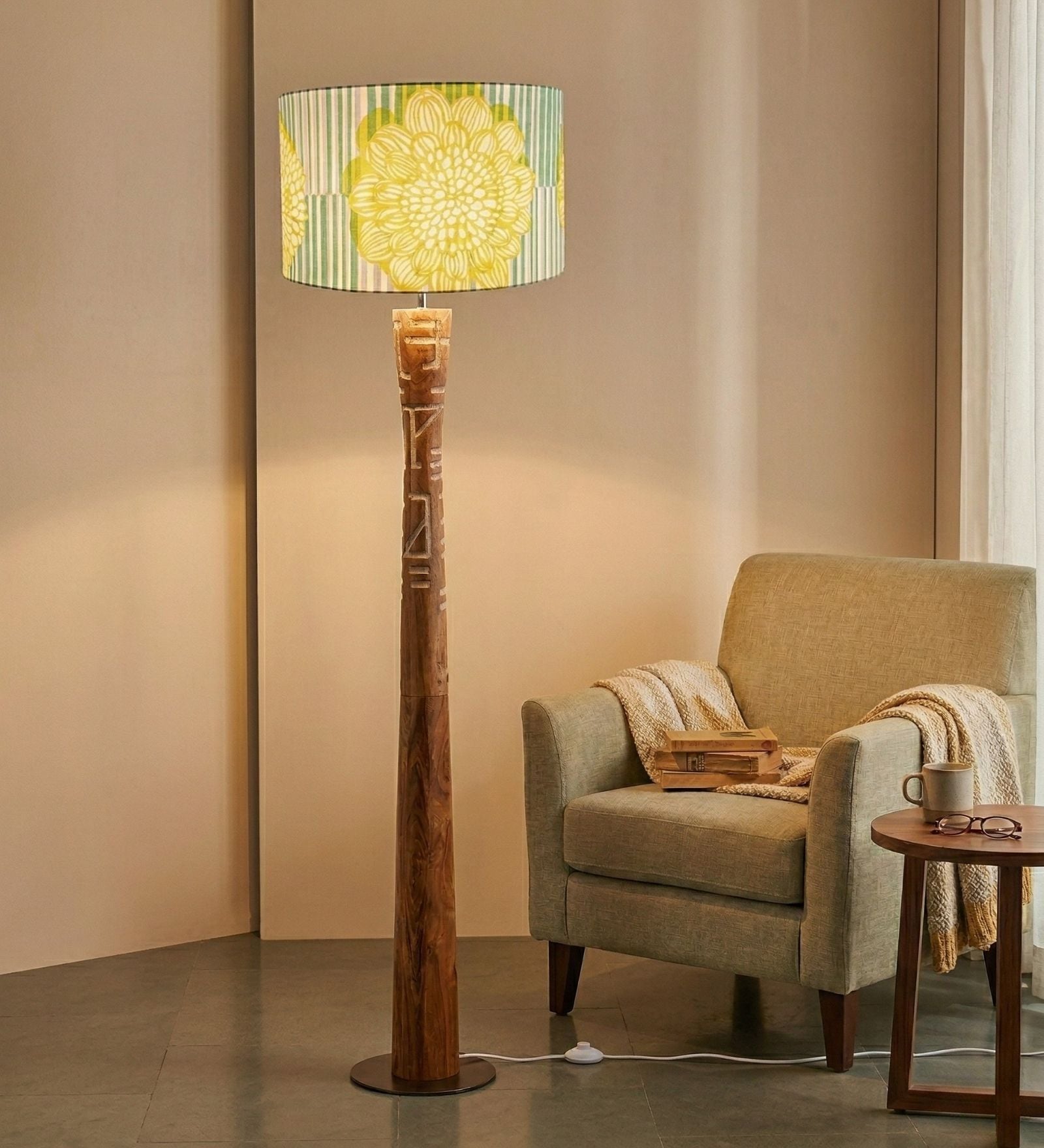 Pali Handcrafted Natural Wooden Floor Lamp for Living Room & Bedroom in Printed Fabric Blue/Green Color Shade
