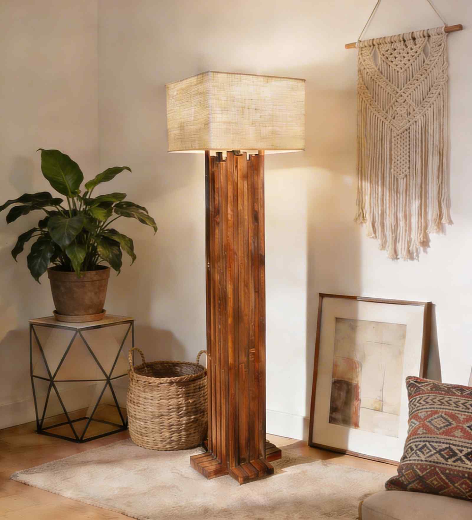Palisade Wooden Floor Lamp with Jute Shade & Brown Base