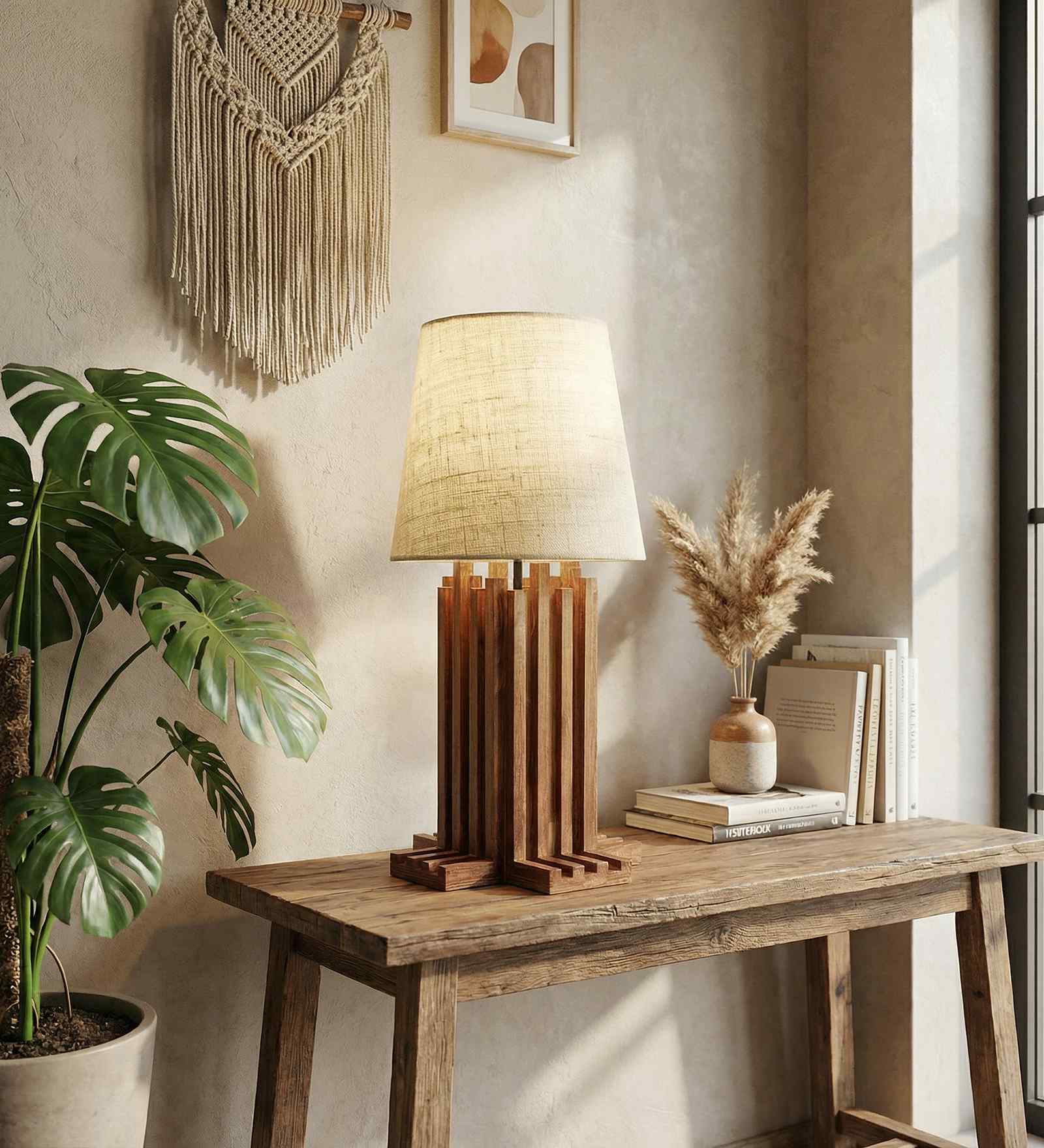 Palisade Wooden Table Lamp with Jute Shade & Brown Base