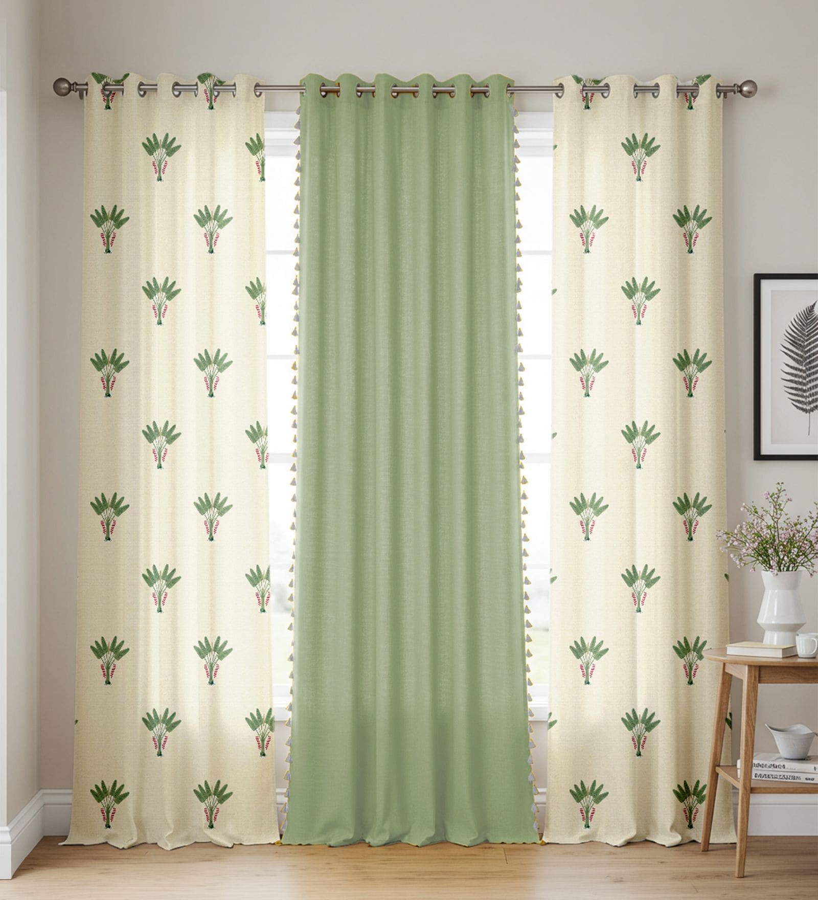 Palm Lagoon Green & Aura Green Printed Cotton Curtains for Door Pack of 3