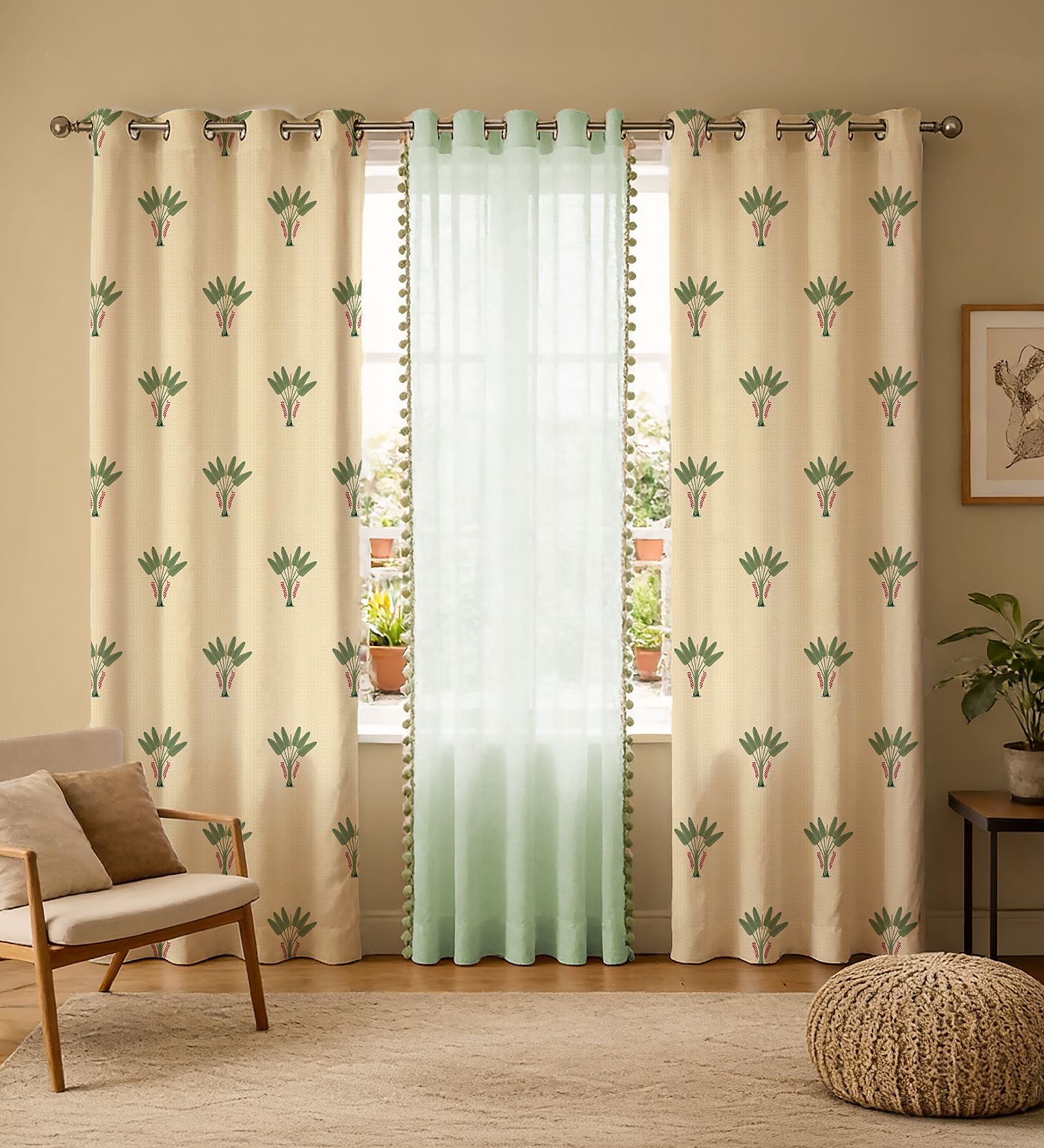 Palm lagoon green + mint green pom pom Printed Cotton Curtains for Long Door Pack of 3
