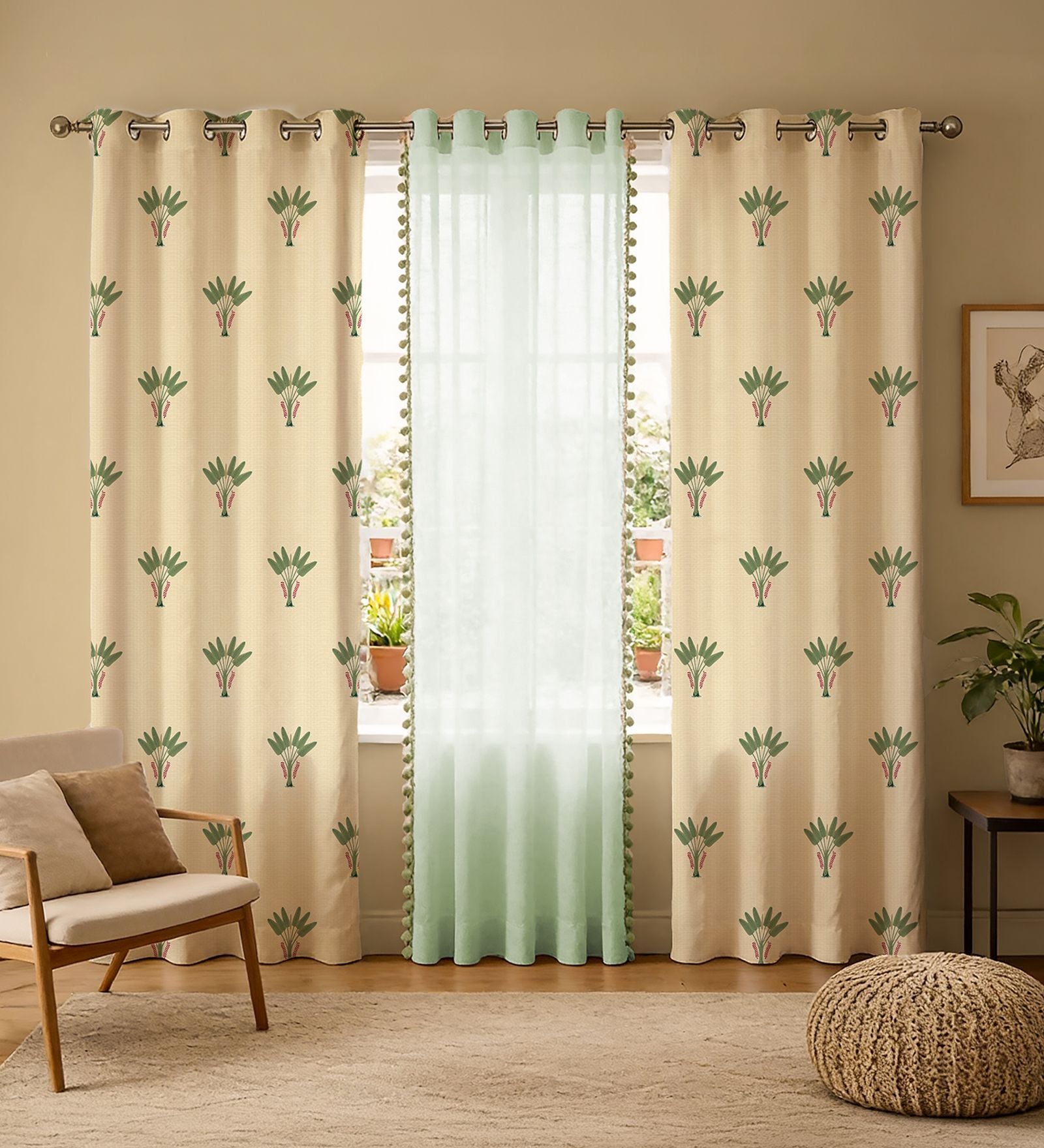 Palm lagoon green + mint green pom pom Printed Cotton Curtains for Window Pack of 3