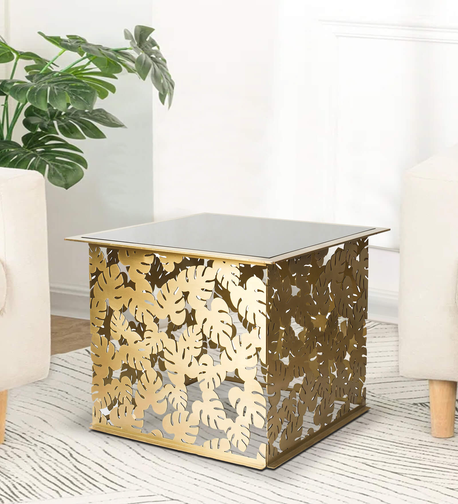 Palm Leaf Solid Wood Centre Table in Gold and Black Finish