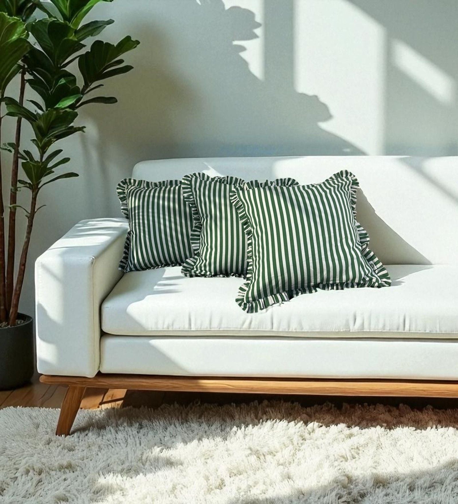 Green Striped Striped Cotton Stripe 18x18 inches Cushion Covers Set of 3