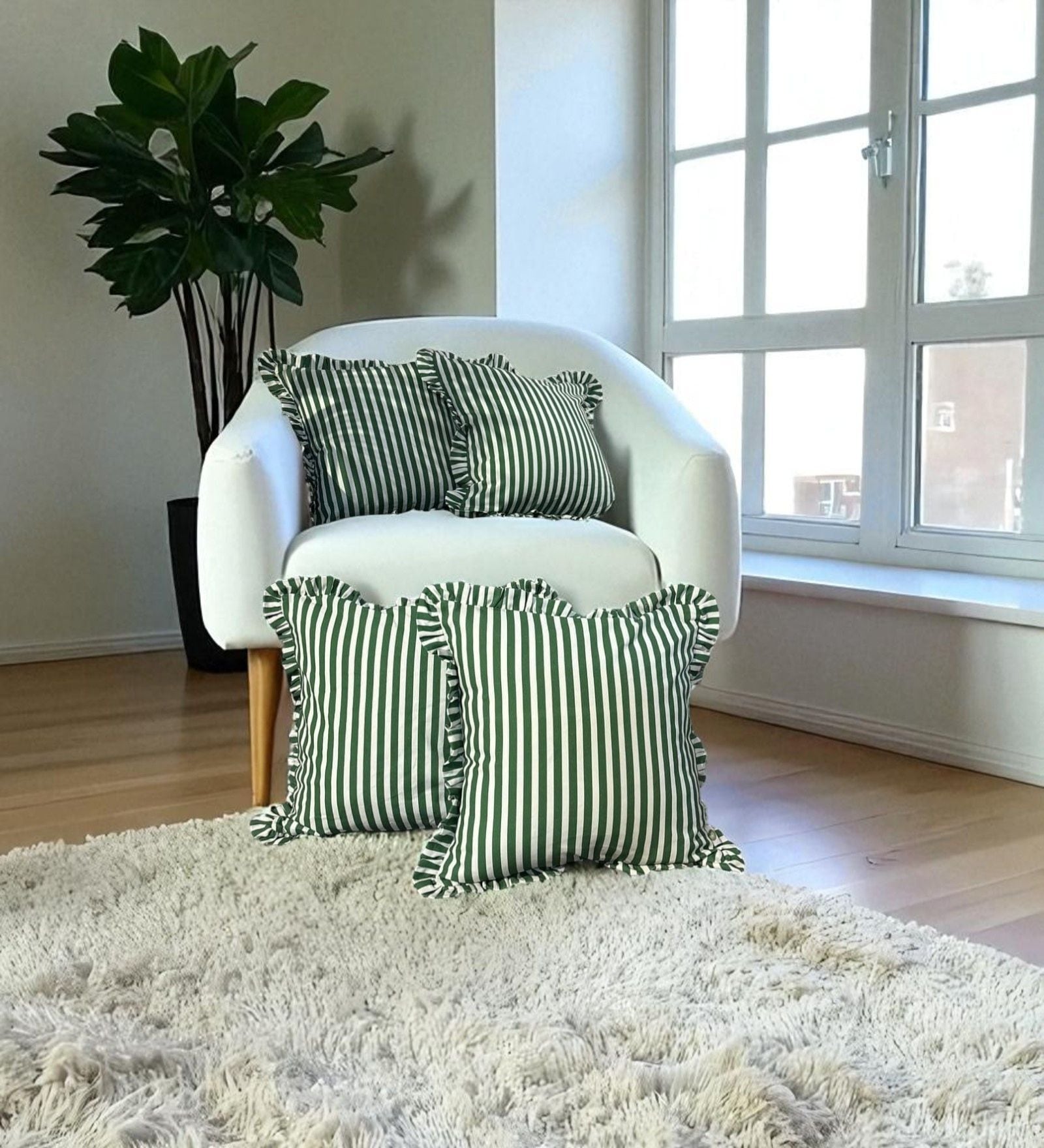 Green Striped Striped Cotton Stripe 18x18 inches Cushion Covers Set of 4