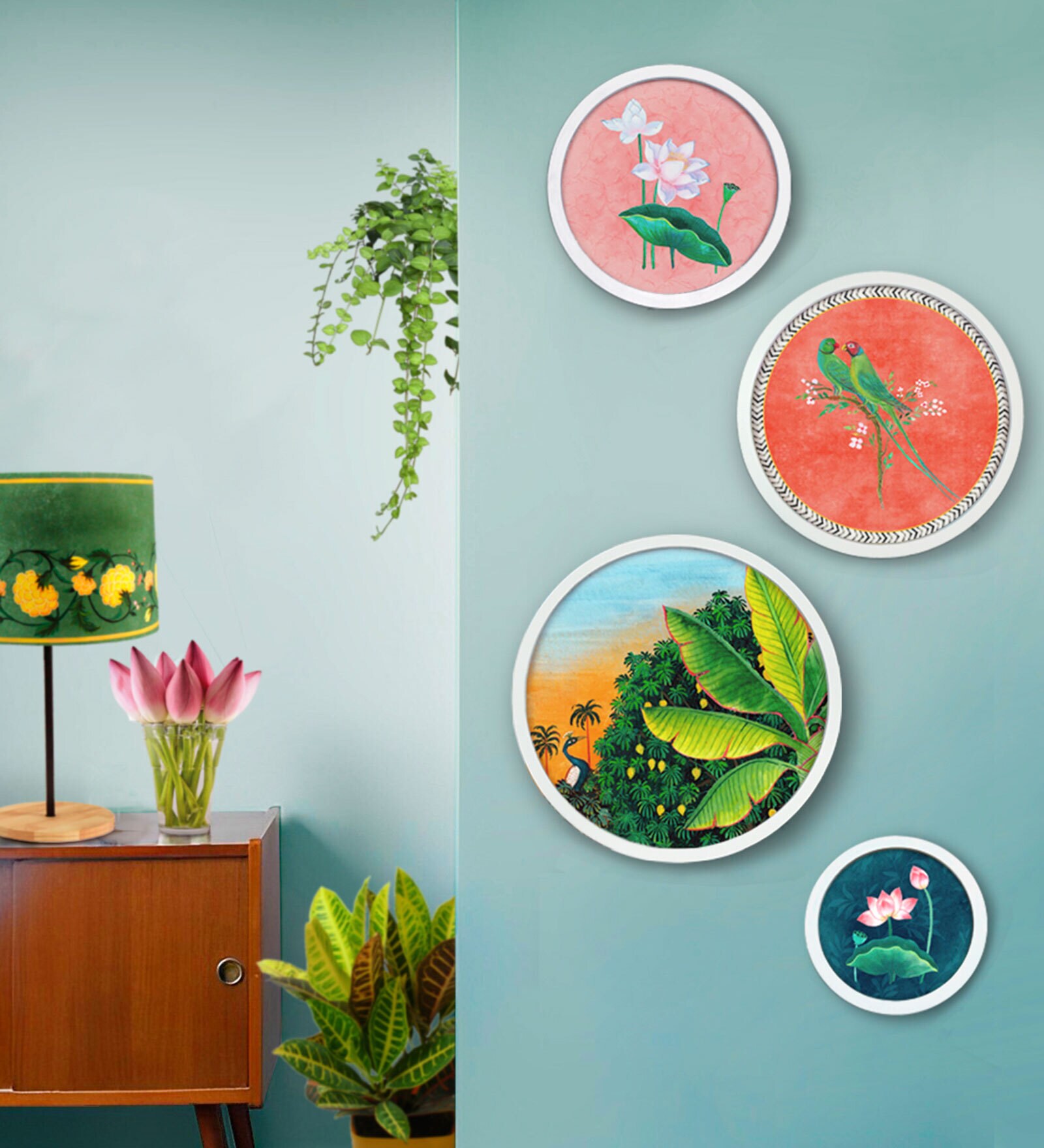 Panchi Pichwai Multicolor Canvas Framed Wall Plates (Set of 4)