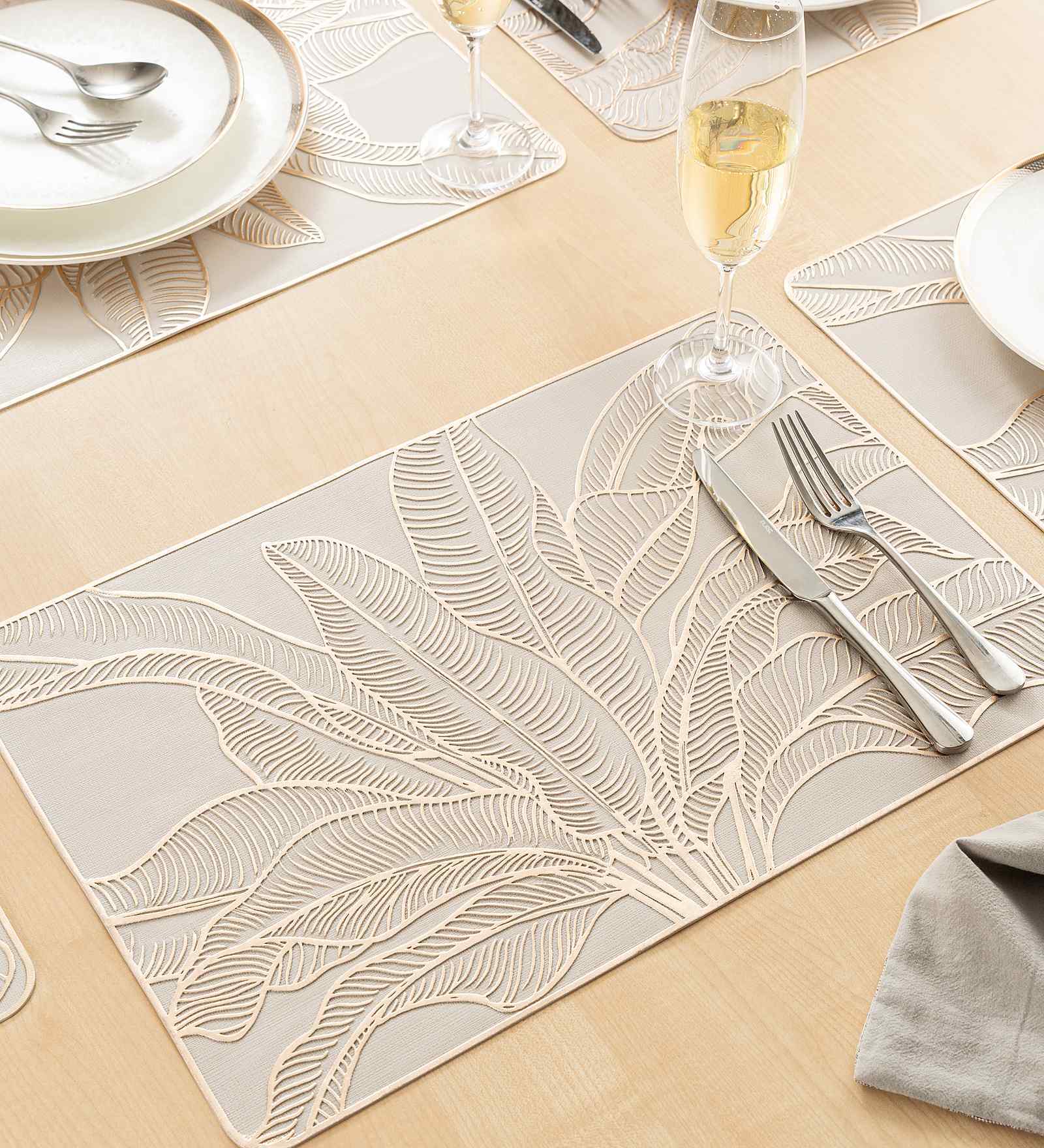 Botanical Glow Golden PVC Dining Table Mats (Set of 6)