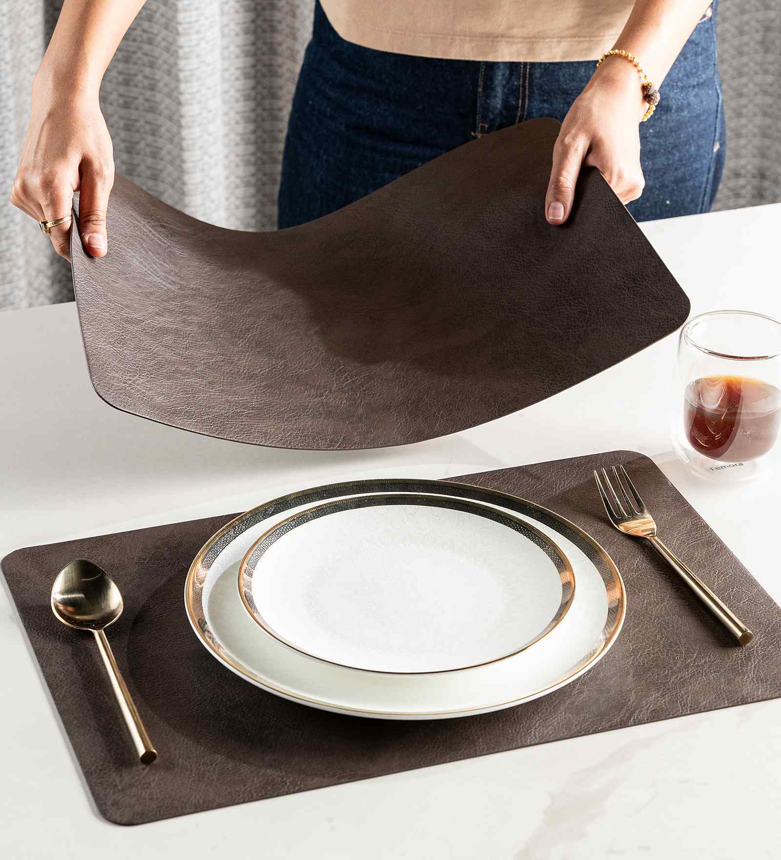 Nordic Leather Brown PVC Dining Table Mats (Set of 6)