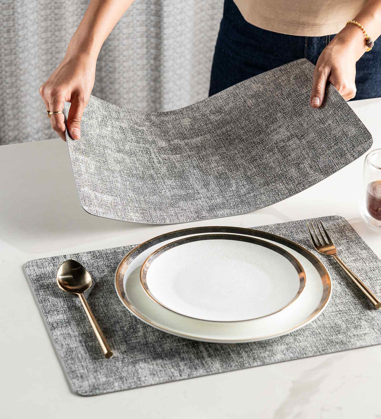Silver Weave Grey Woven Texture PVC Dining Table Mats (Set of 6)