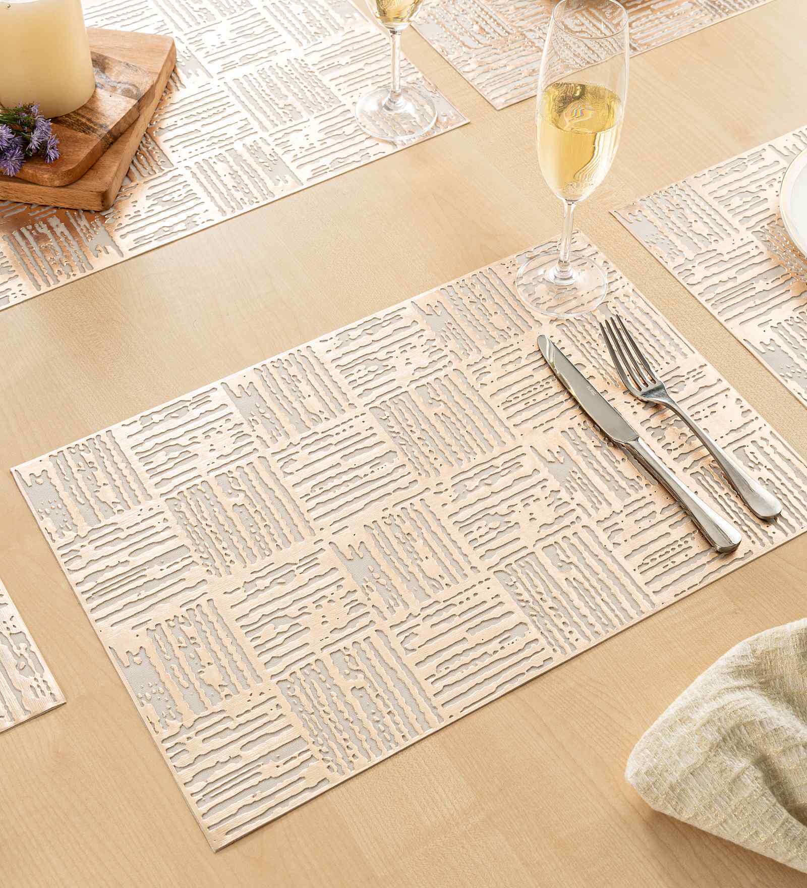 Urban Grid Golden PVC Dining Table Mats (Set of 6)