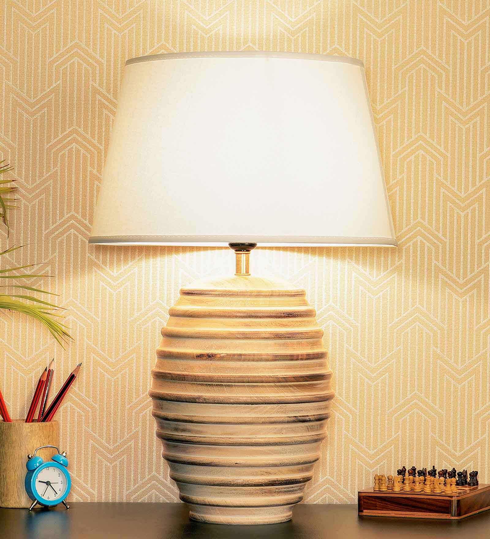 Montage White Cotton Shade Night Lamp With Wood Base