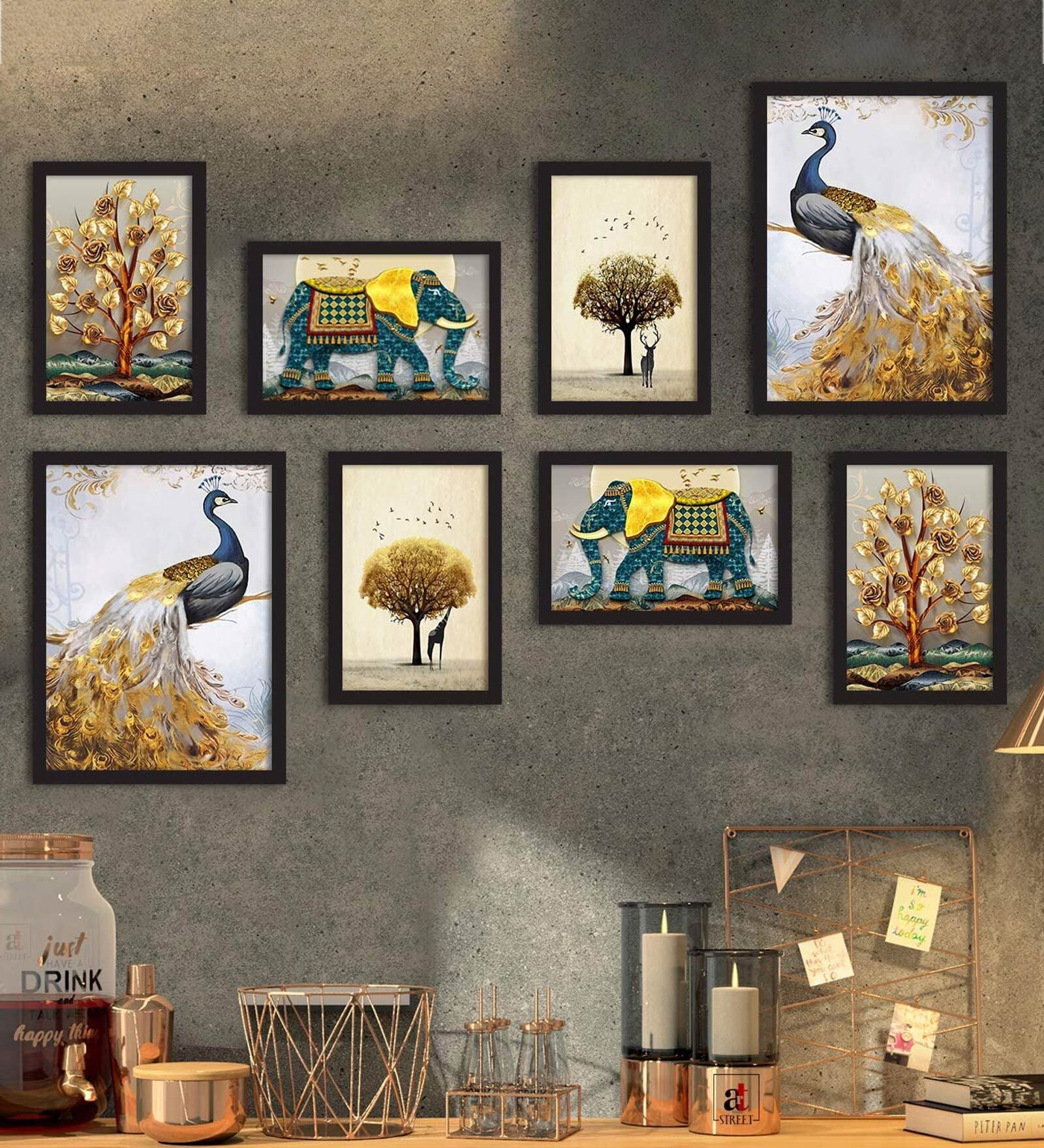 Paper Framed Royal Animals & Peacock Black Set Of 8 Art Print