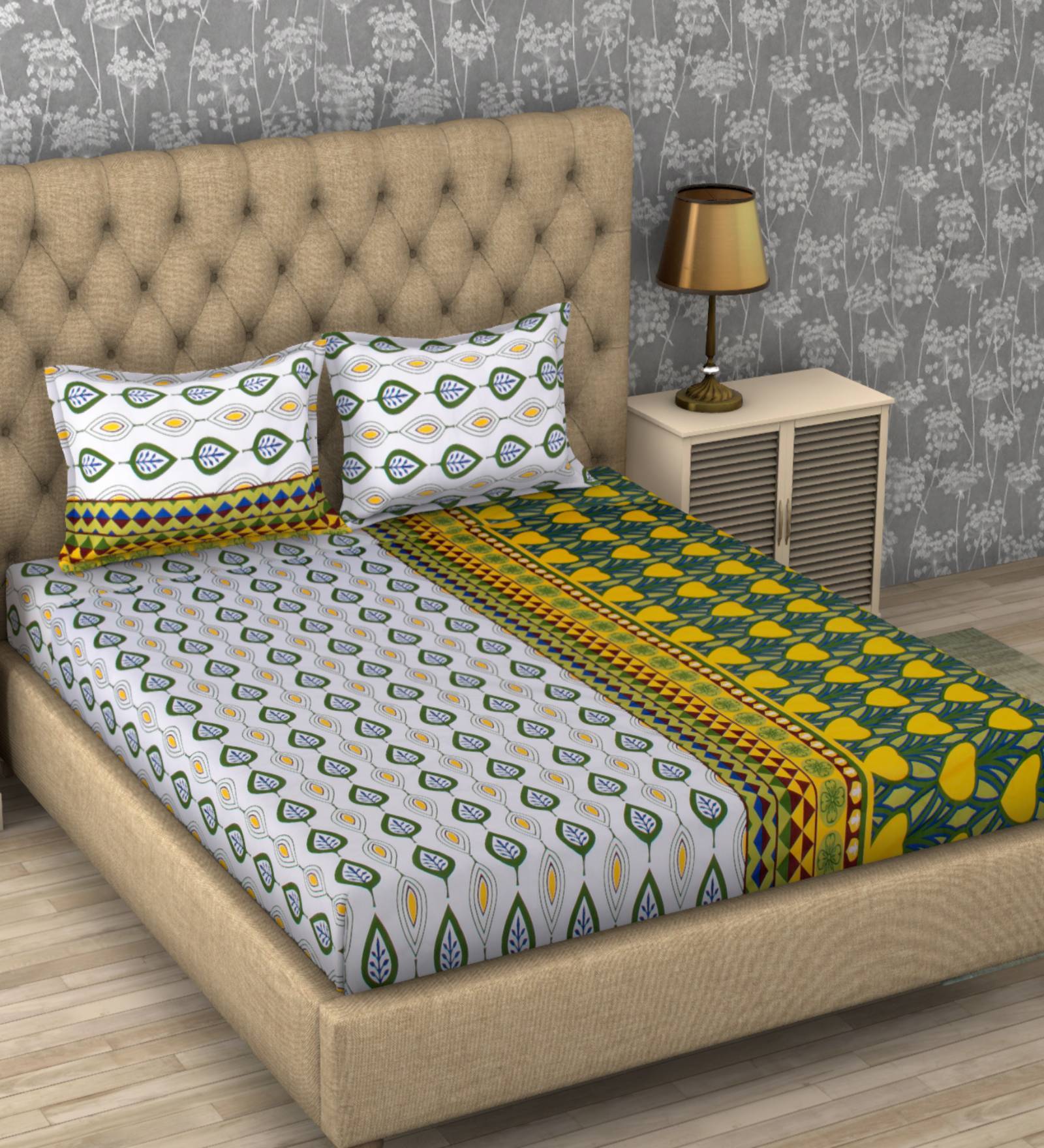 Paradise Abstact Blue & Green Digital Printed 110 TC 100% Cotton Double Bedsheet with 2 Pillow Covers