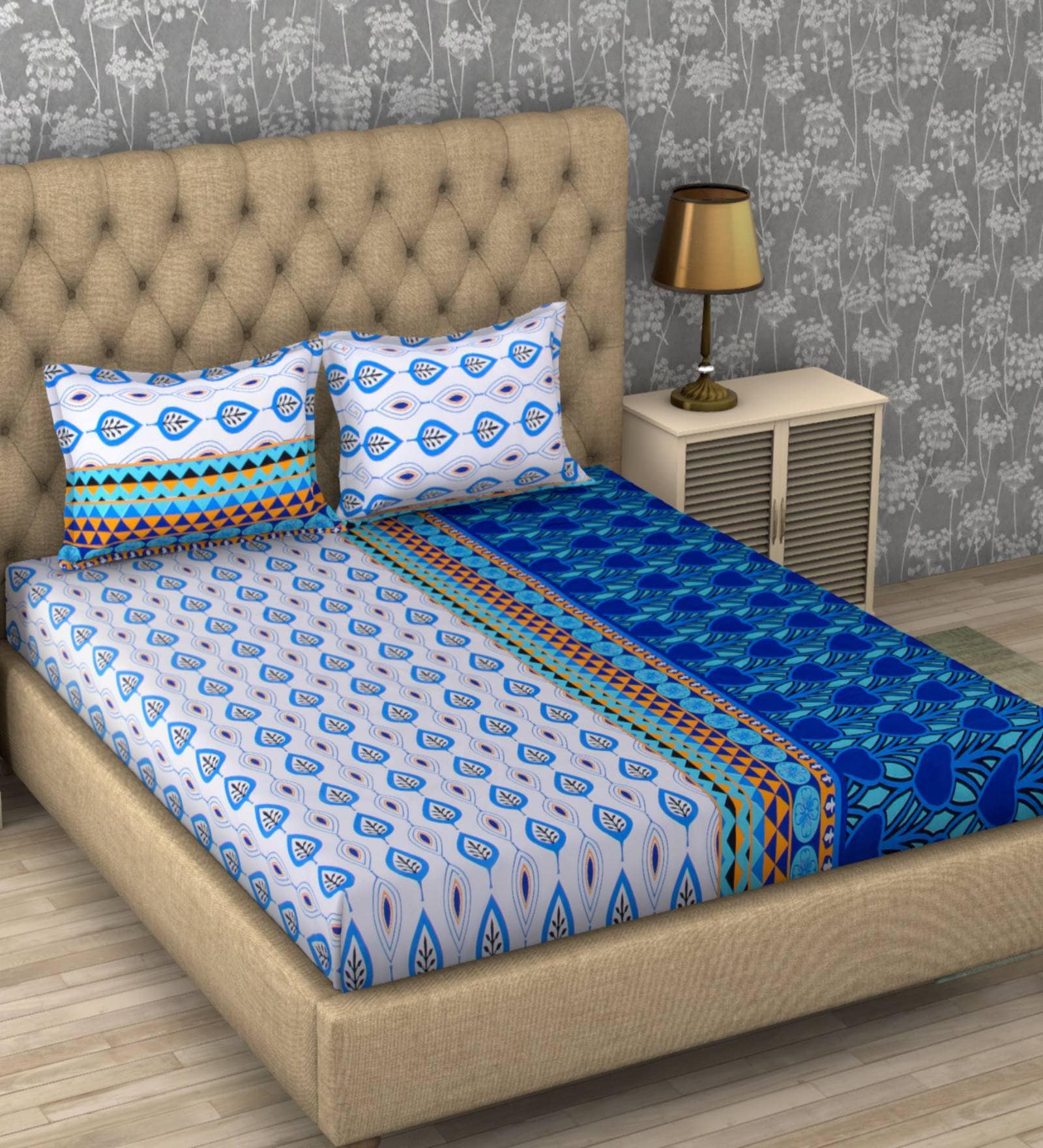 Paradise Abstact Blue Gradient Digital Printed 110 TC 100% Cotton Double Bedsheet with 2 Pillow Covers