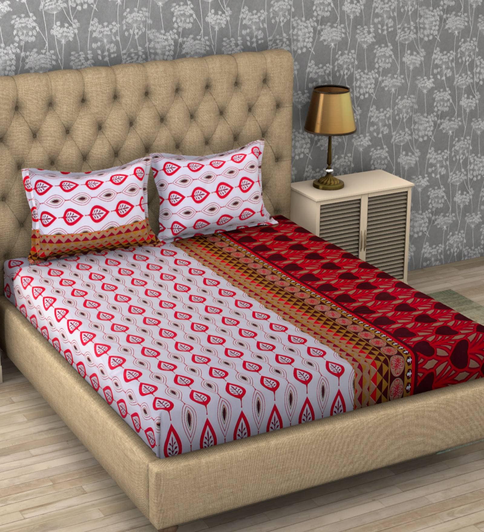 Paradise Abstact White & Red Digital Printed 110 TC 100% Cotton Double Bedsheet with 2 Pillow Covers