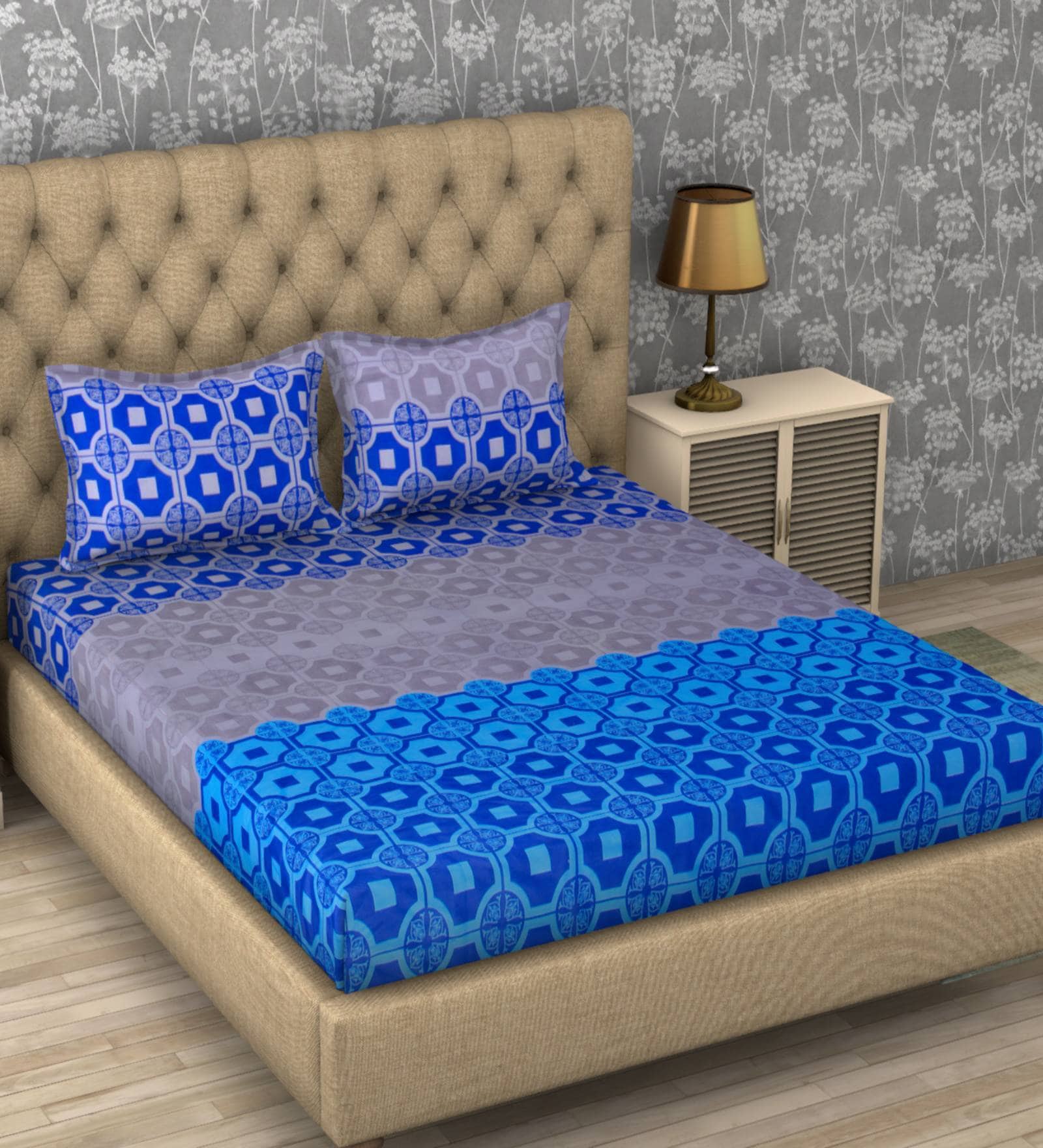 Paradise Geometric Blue Digital Printed 110 TC 100% Cotton Double Bedsheet with 2 Pillow Covers
