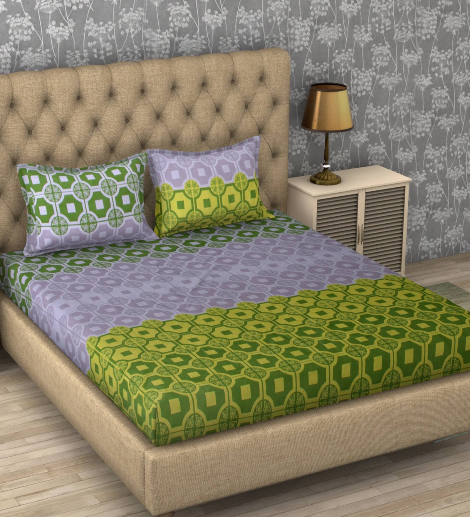 Paradise Geometric Green Digital Printed 110 TC 100% Cotton Double Bedsheet with 2 Pillow Covers