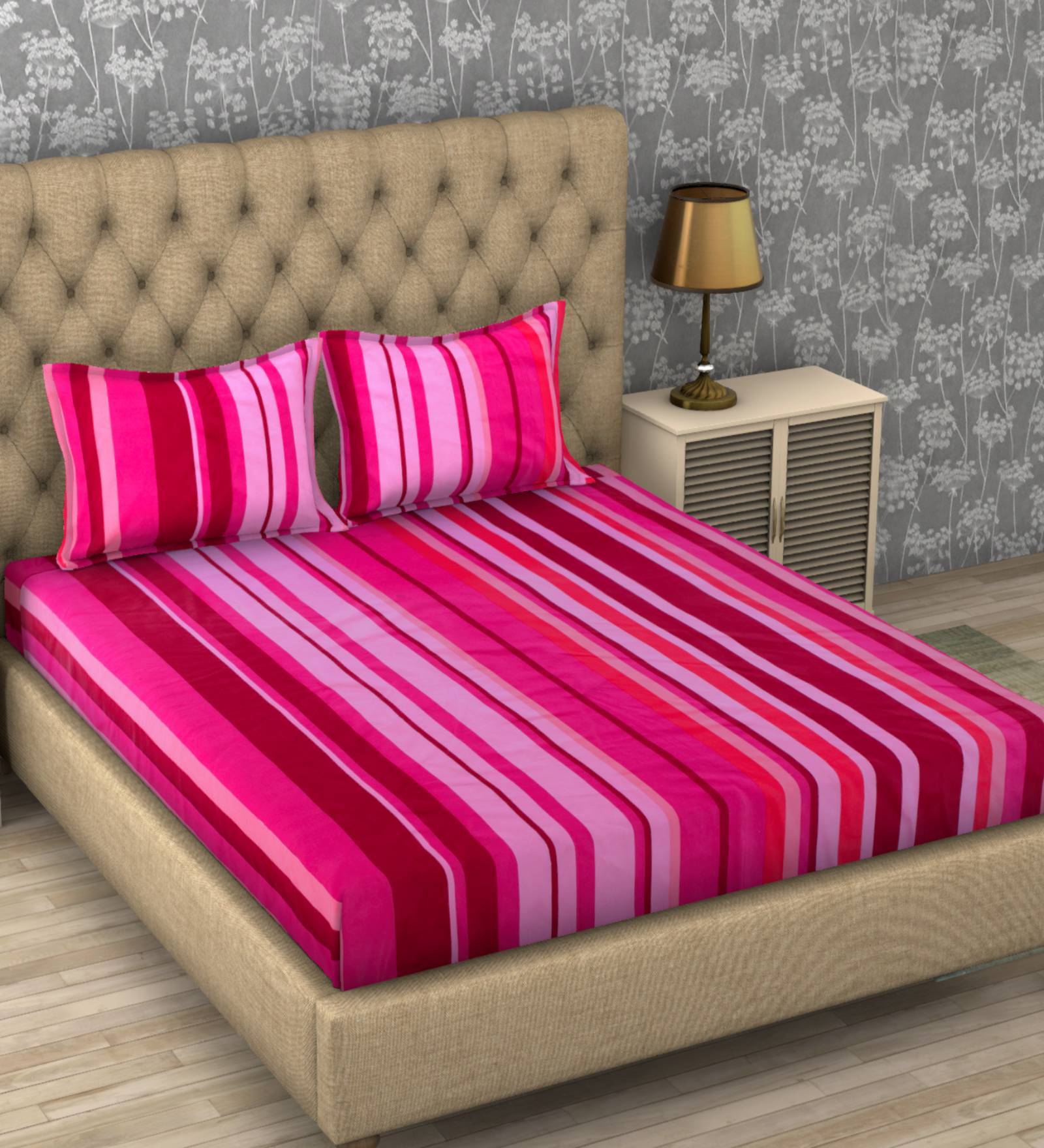 Paradise Striped Pink Digital Printed 110 TC 100% Cotton Double Bedsheet with 2 Pillow Covers