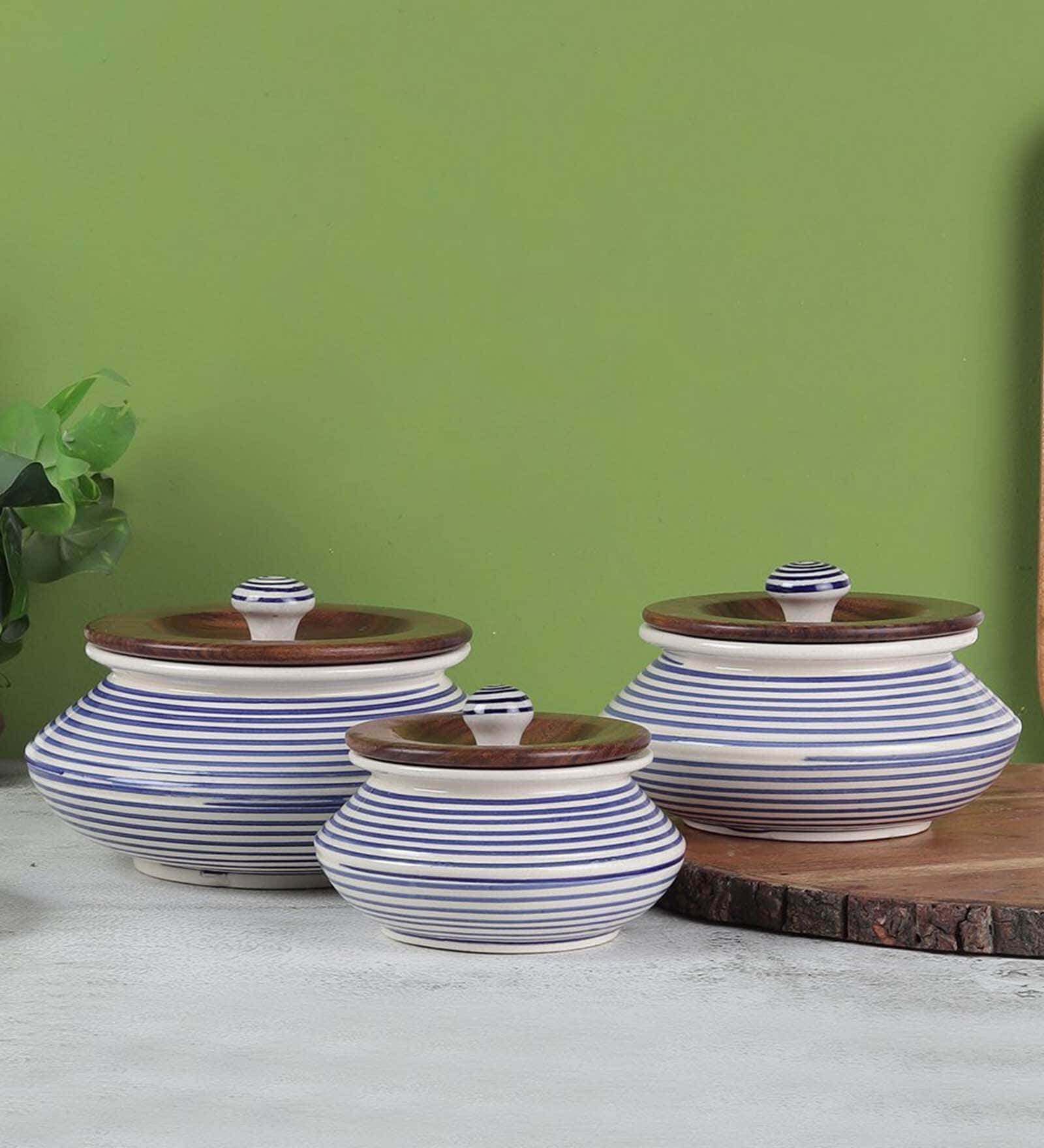 Parikrama Blue Spiral (Set of 3) ceramic Serving Bowl with Lid