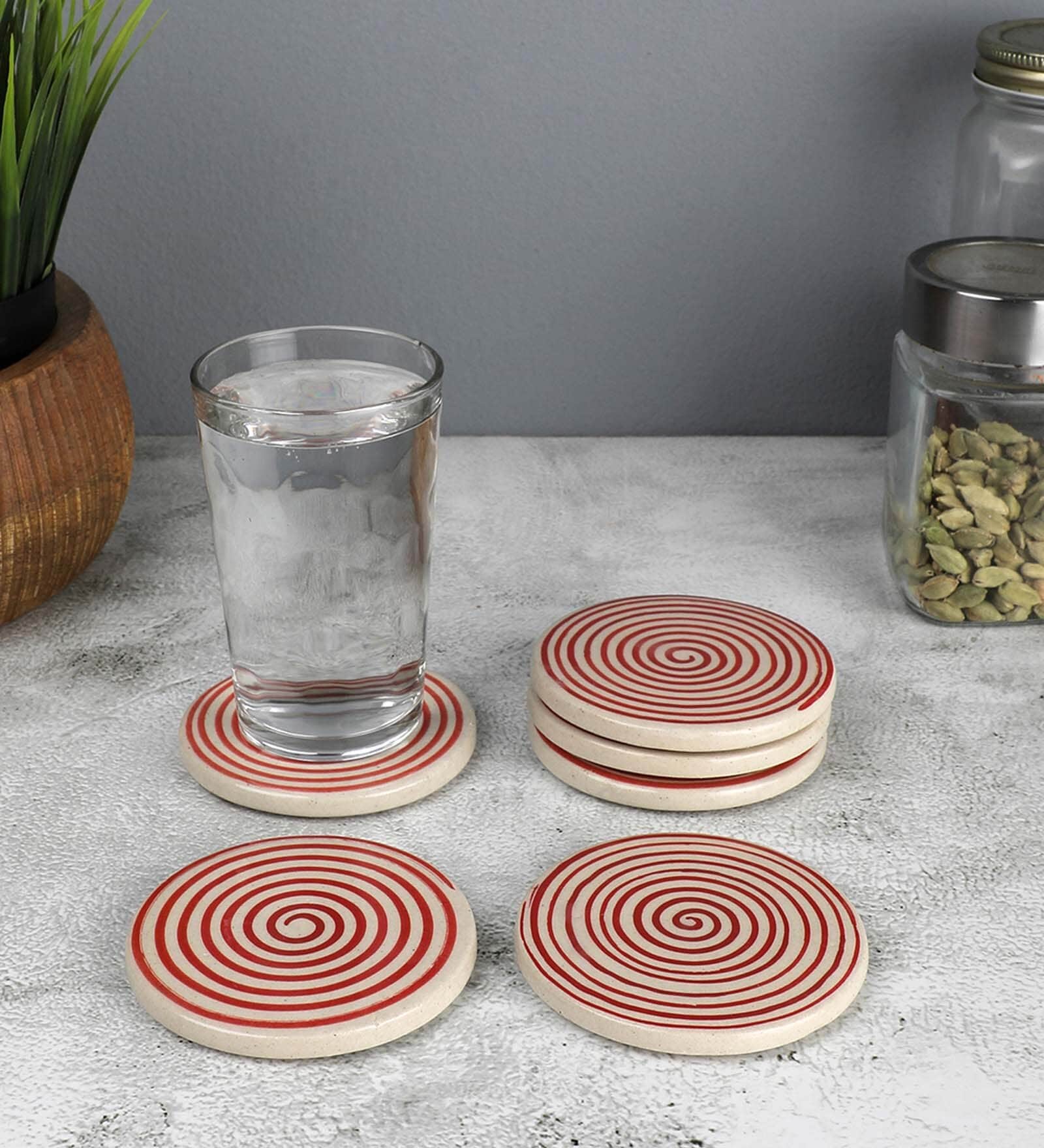 Parikrama Red Spiral (Set of 6) Ceramic Table Coaster