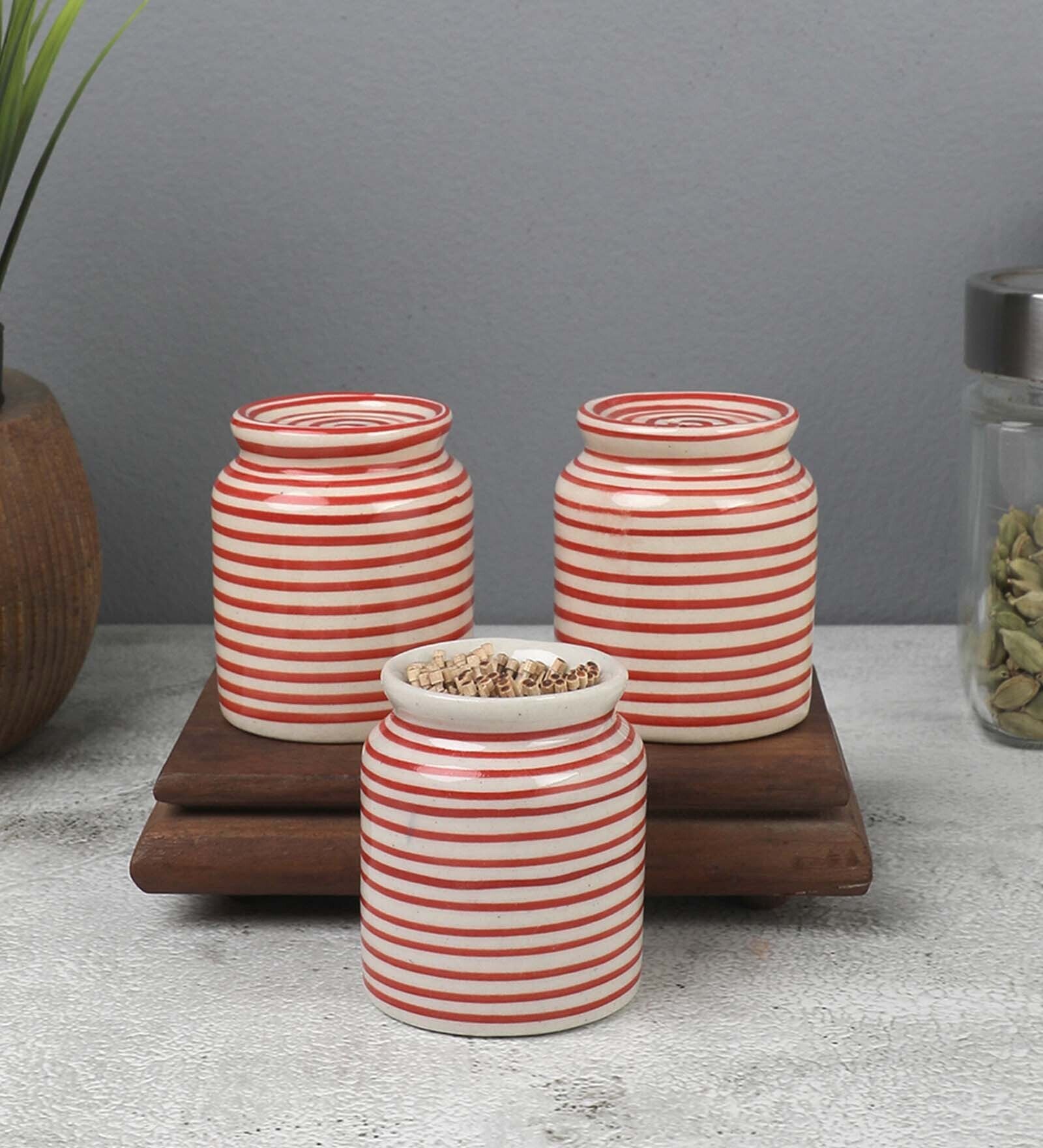 Parikrama Red Spiral 100ml (Set of 3) Ceramic Salt & Pepper Shaker & Thoothpick Holder