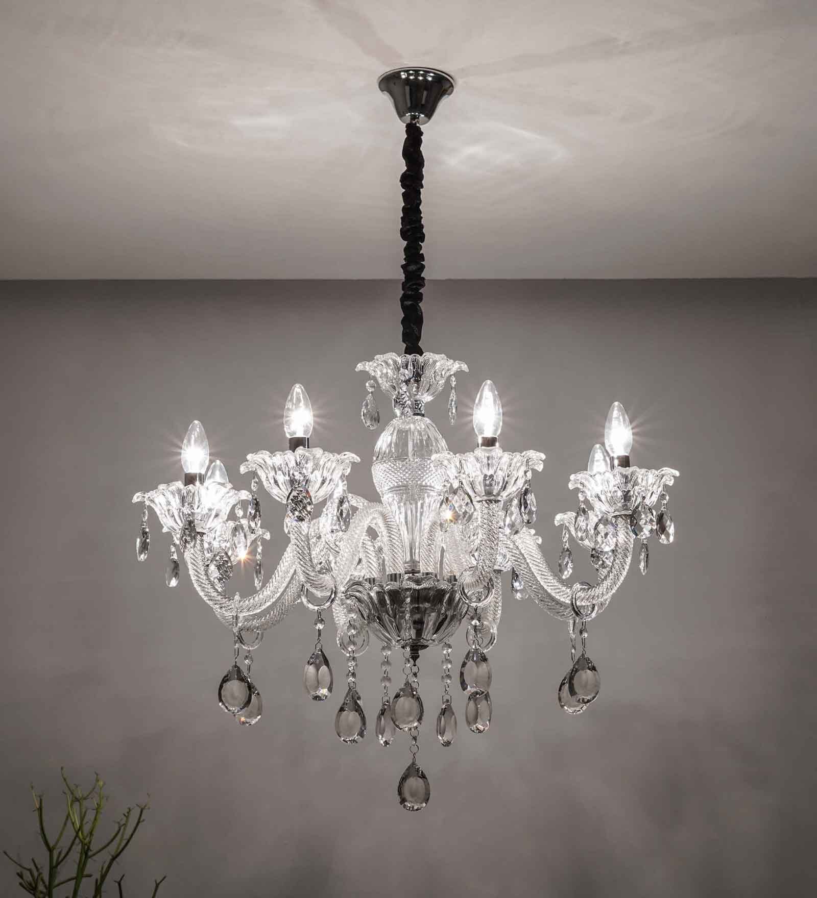 Paris 8 Arm Ceiling Chandelier In Chrome & Clear Finish With Glass Crystal Drops & Trim