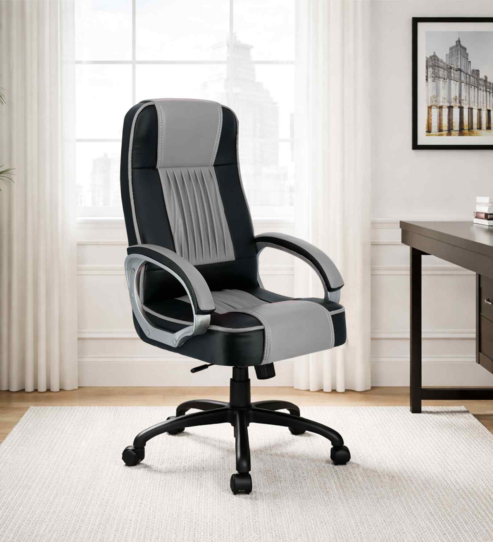 Paris Leatherette HB Executive Chair In Grey & Black Colour