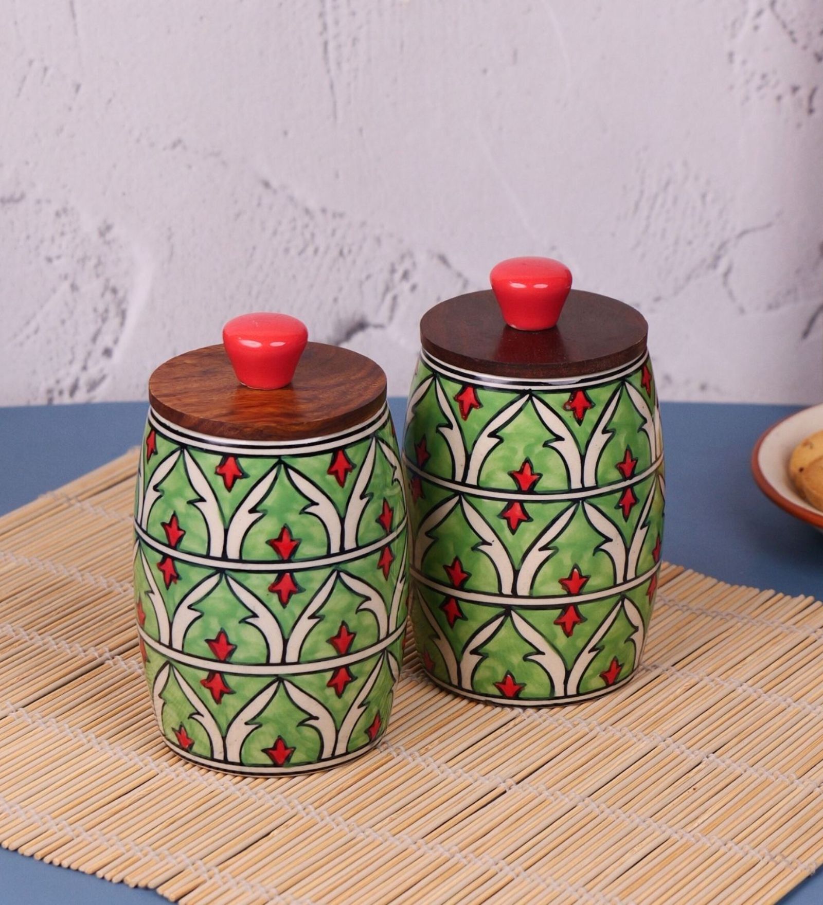 Parrot Green Jodhpuri Hand-made Ceramic Dholak Jar with Wooden Lid Set of 2