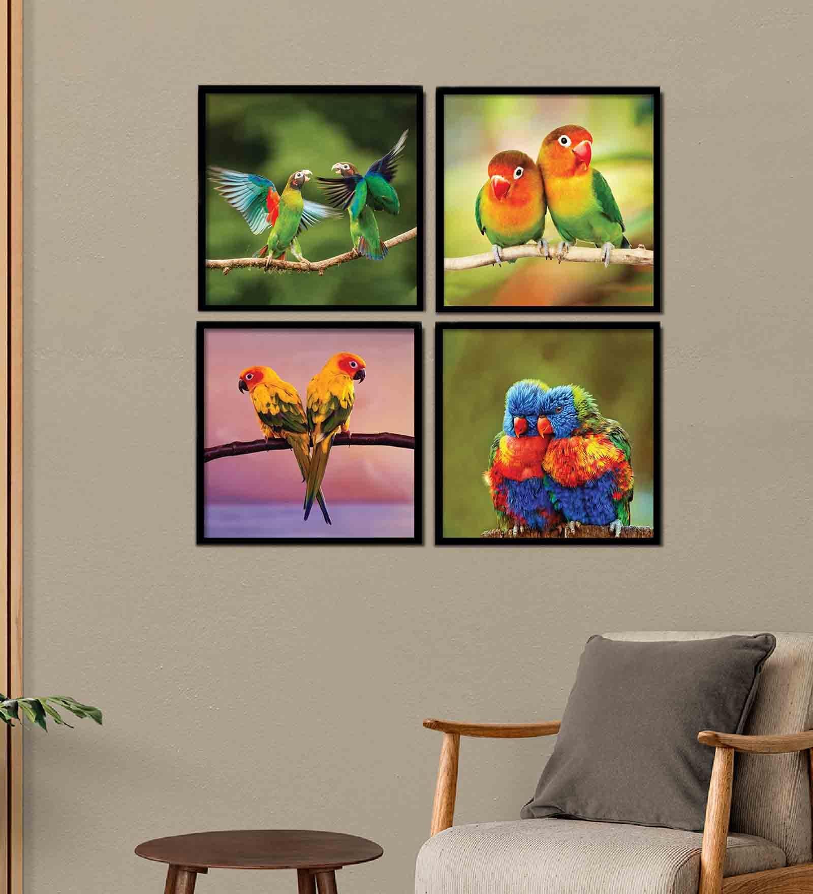 Parrots Green Engineered Wood Framed Wildlife Art Print Set of 4