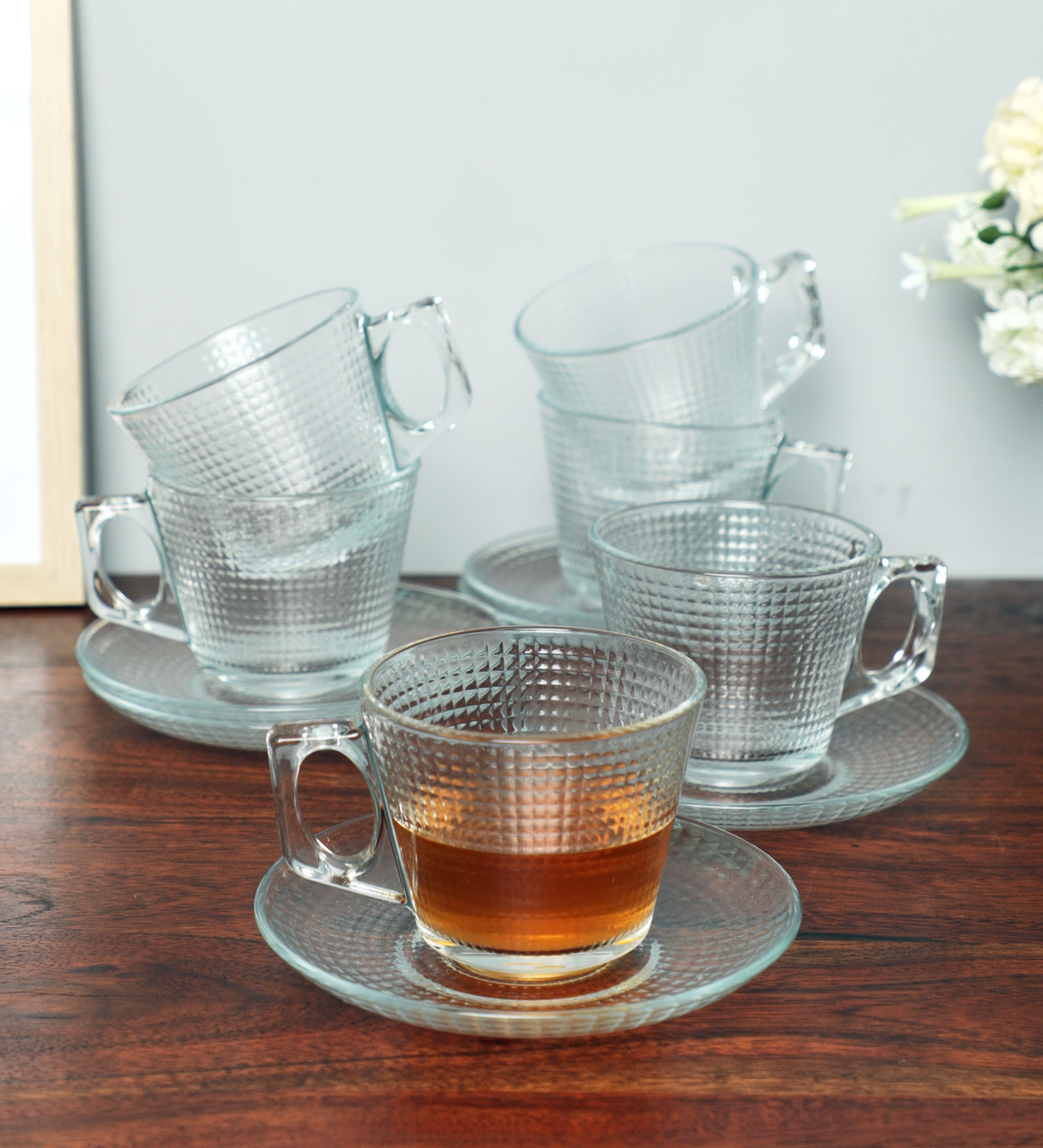 Glass 195ml Transparent Glass (Set of 12) Tea Cup & Saucer Set