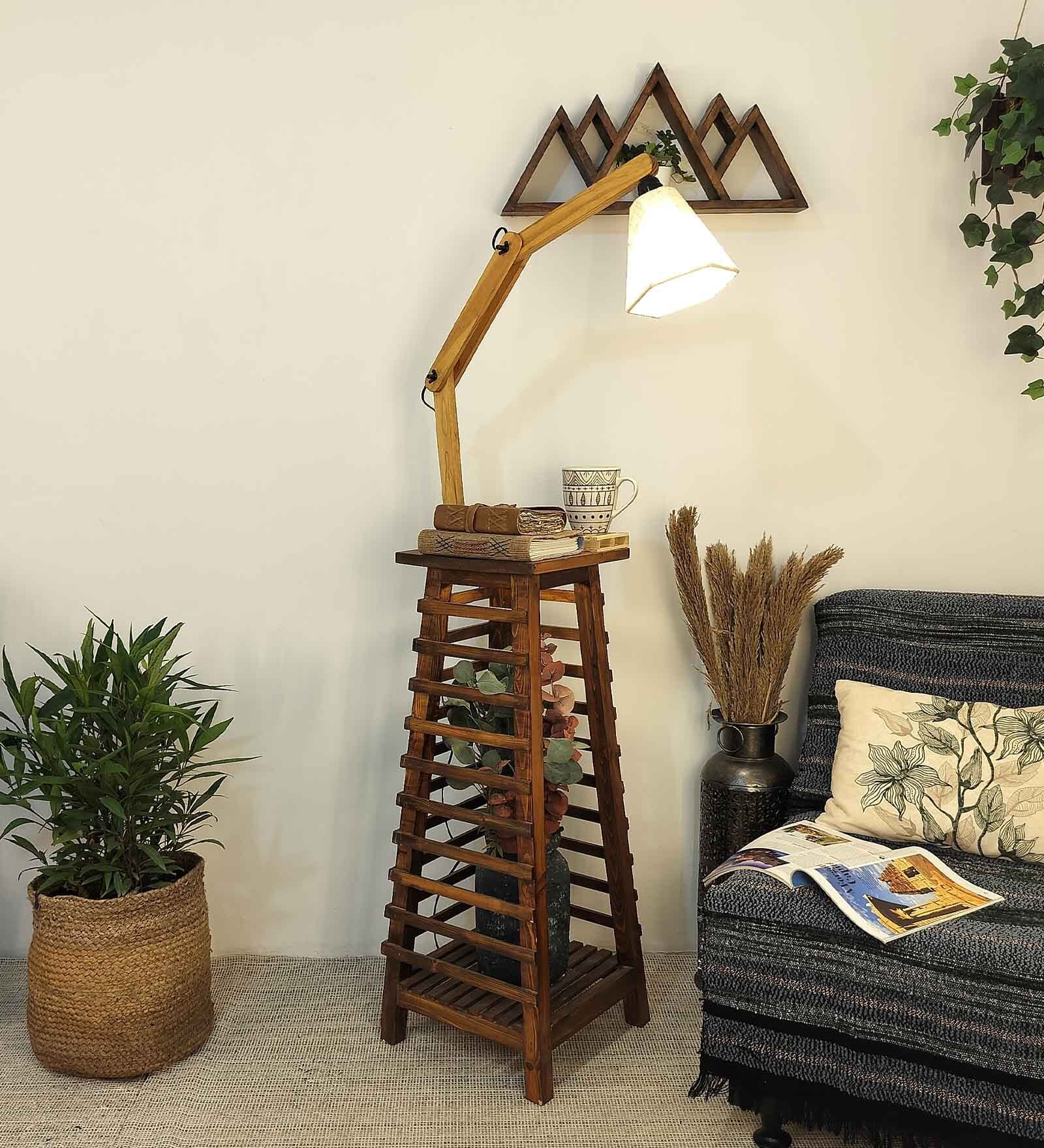Pascal Wooden Shelf Floor Lamp with Wooden Shade & Brown Base