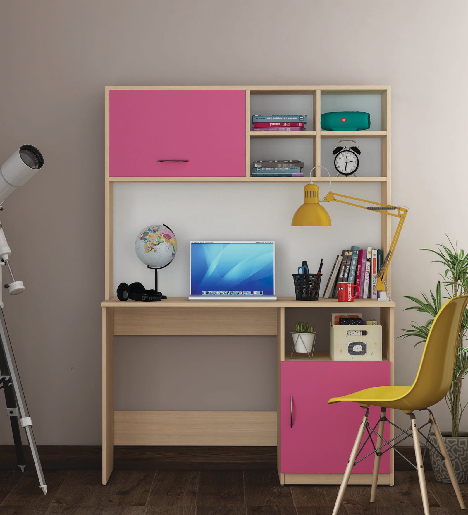 Passion Study Table In Beige Teak, Pink And Frosty White Finish Passion Study Table In Beige Teak, Pink And Frosty White Finish