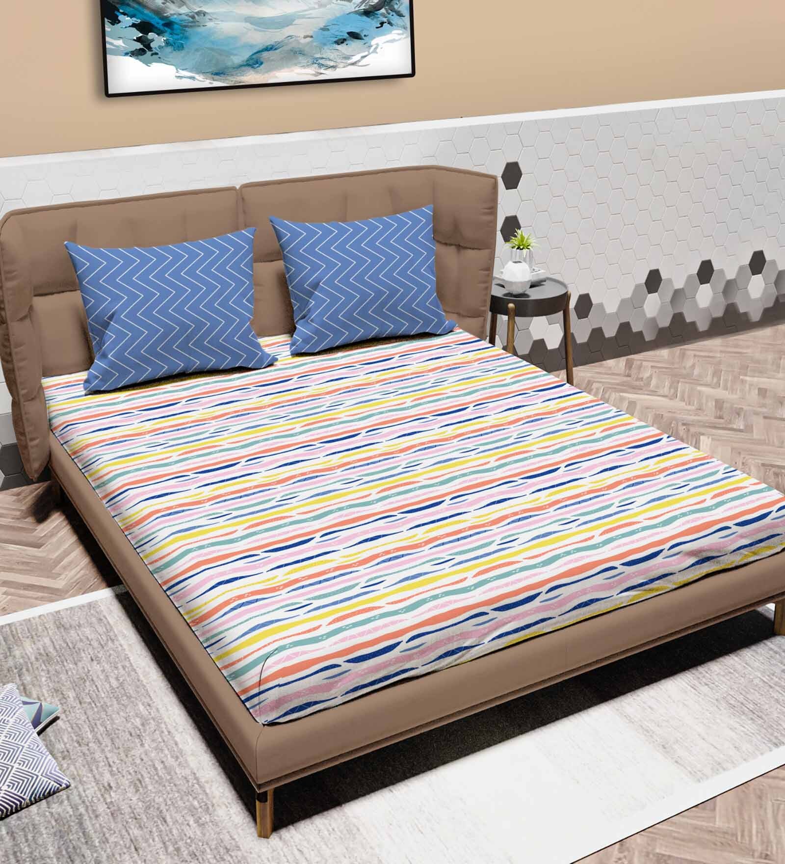 Multicolor Abstract 120 TC Cotton King Sized Double Bedsheet with 2 Pillow Covers Glenn SS23 Collection