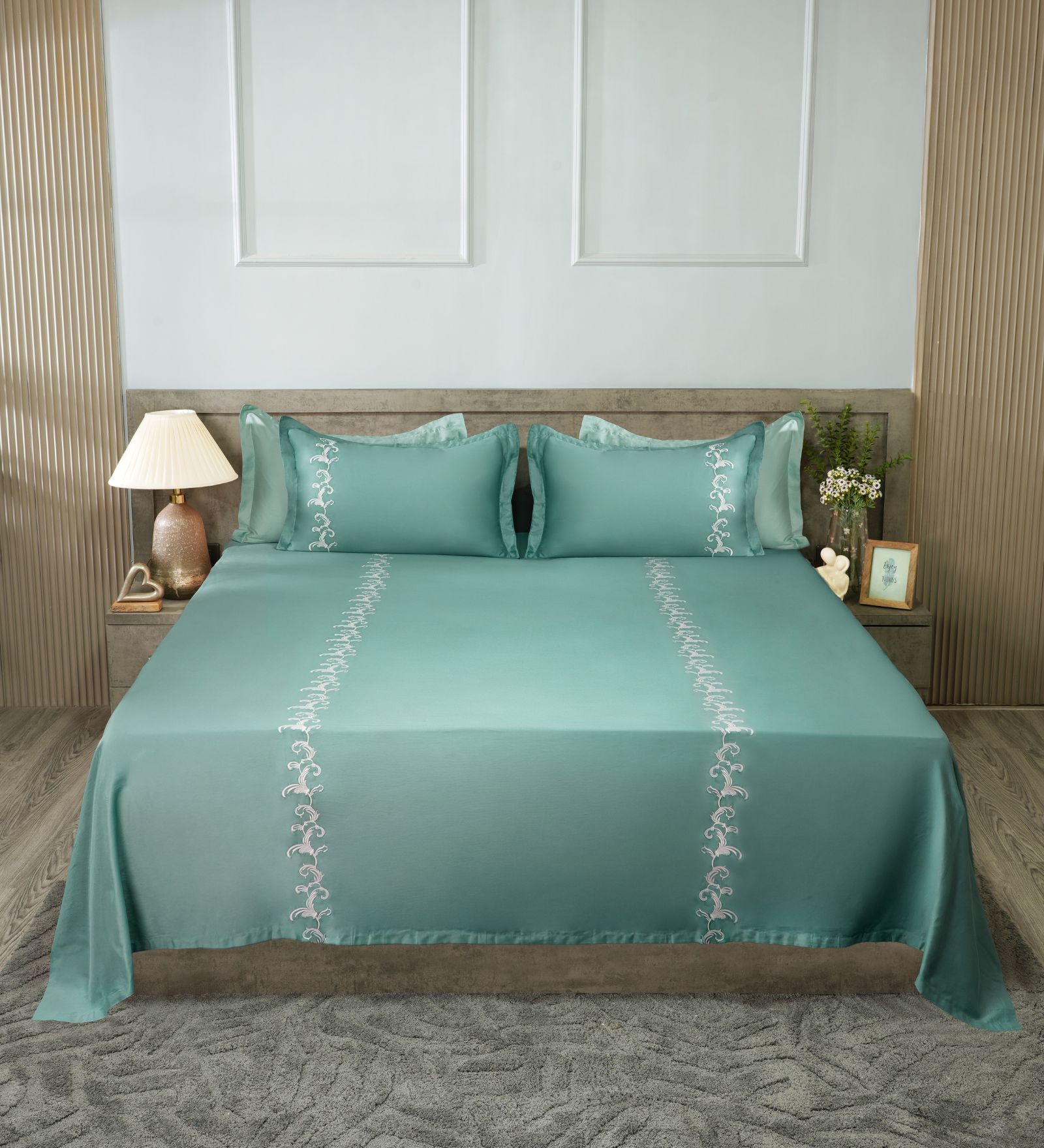 Pastel Aqua 300TC 100% Cotton Solids Flat Embroidered Super King Bedsheet With 2 Pillow Covers