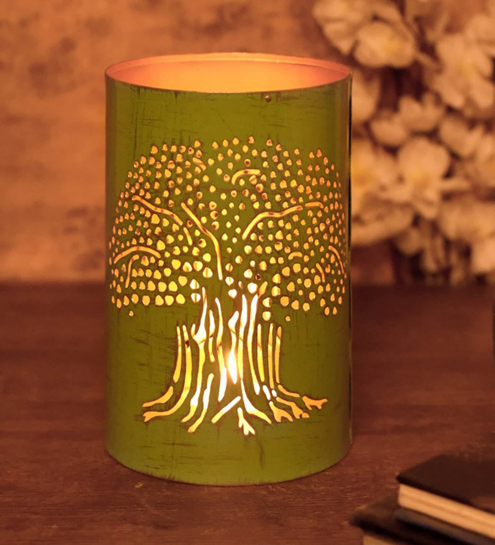 Pastel Blue Tree Of Life Blue Metal Table Tea Light Holder