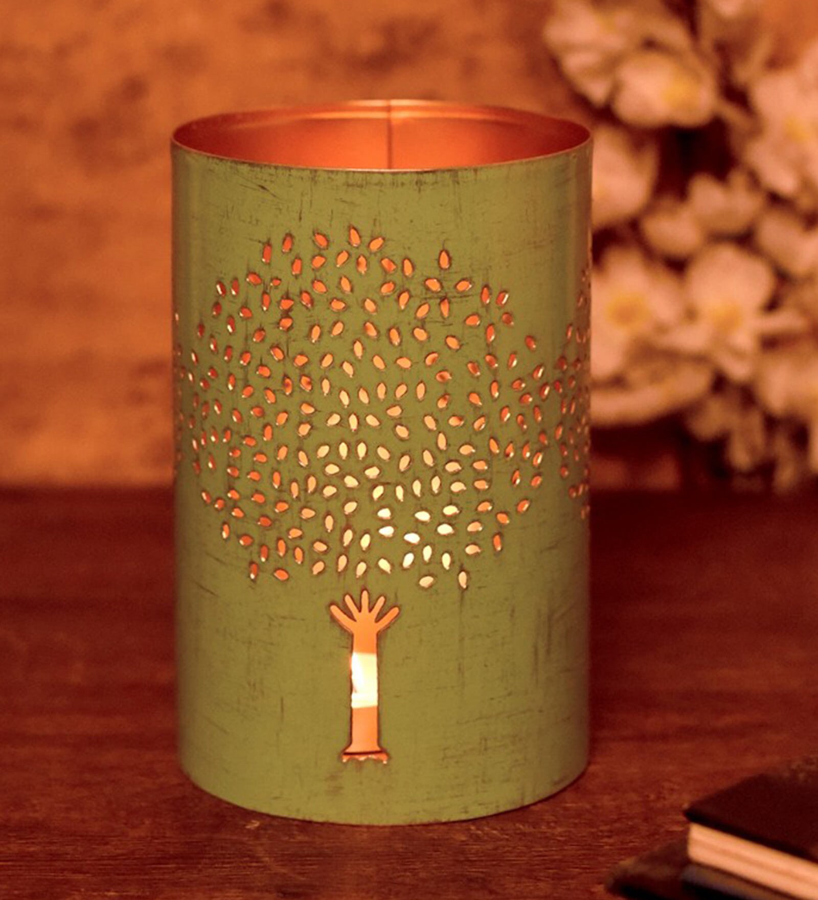 Pastel Blue Tree Of Life Shadow Blue Metal Table Tea Light Holder