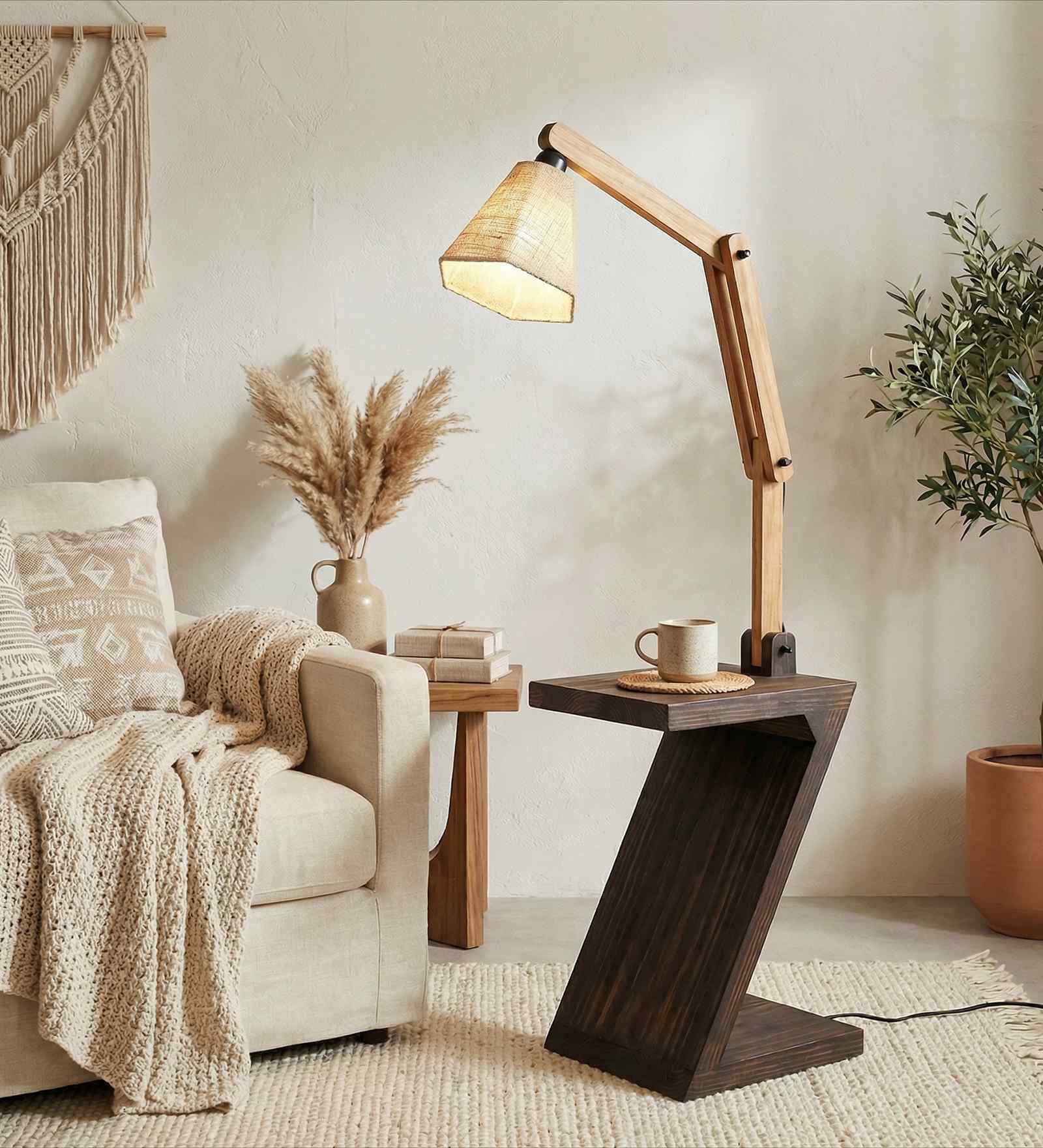 Patrice Wooden Shelf Floor Lamp with Wooden Shade & Brown Base