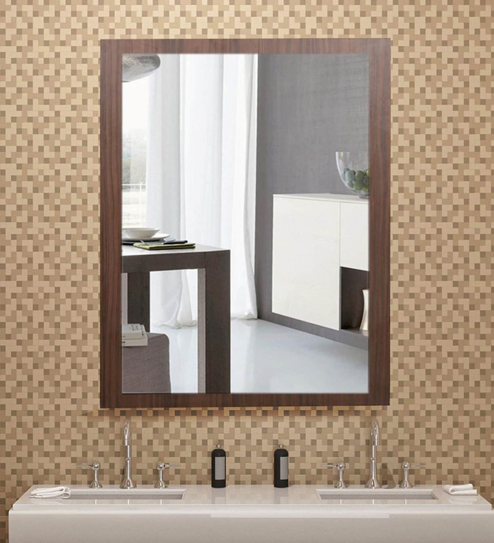 Mango Wood Rectangle Wall Mirror in Brown colour