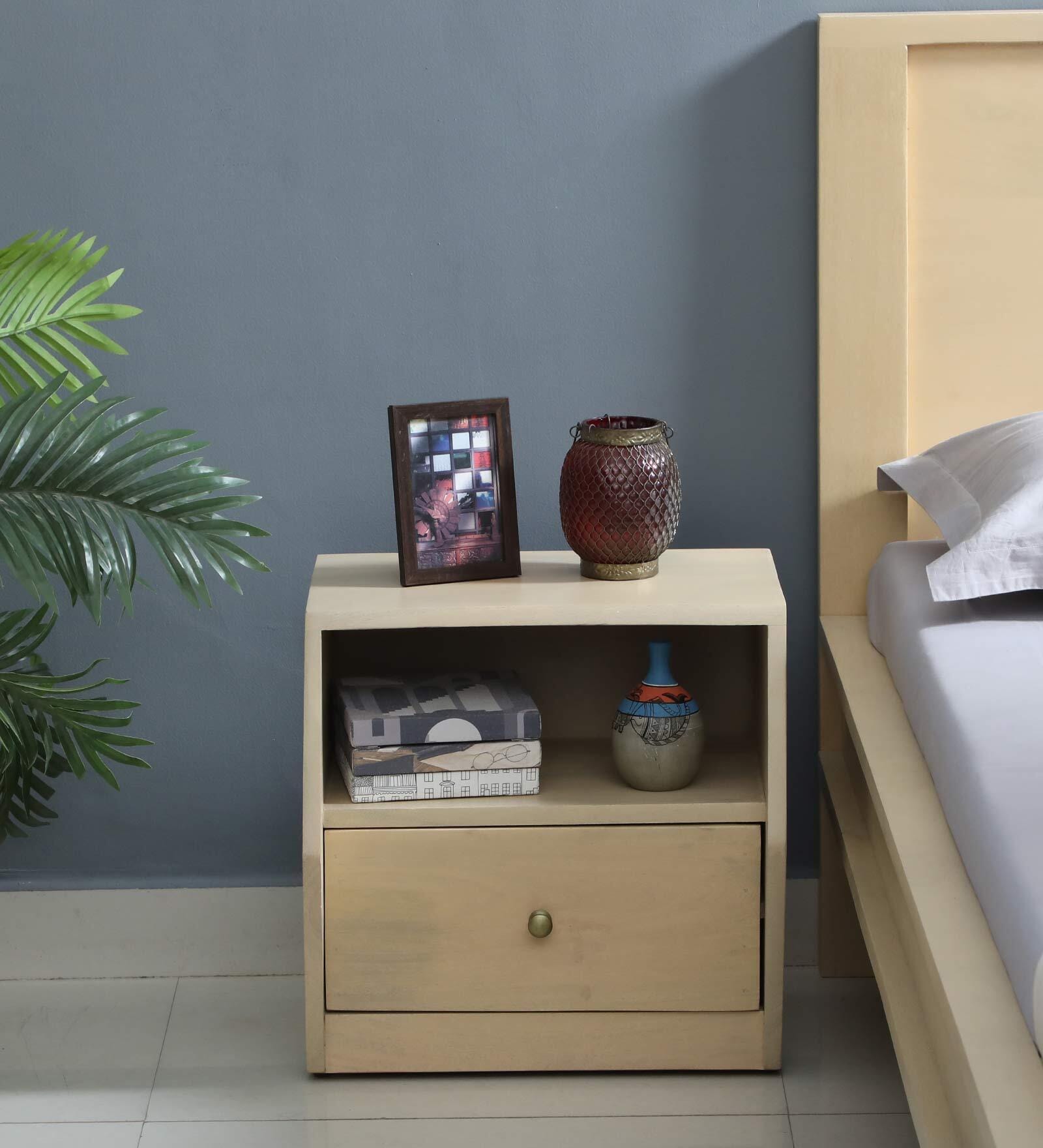 Paulina Solid Wood Bedside Table In Gold Wash Finish With Drawer