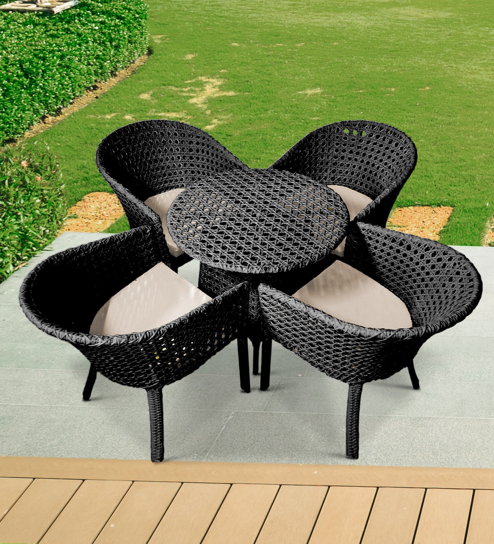 Pavillion Wicker Outdoor Table with 4 Chair in Courduroy Black Finish