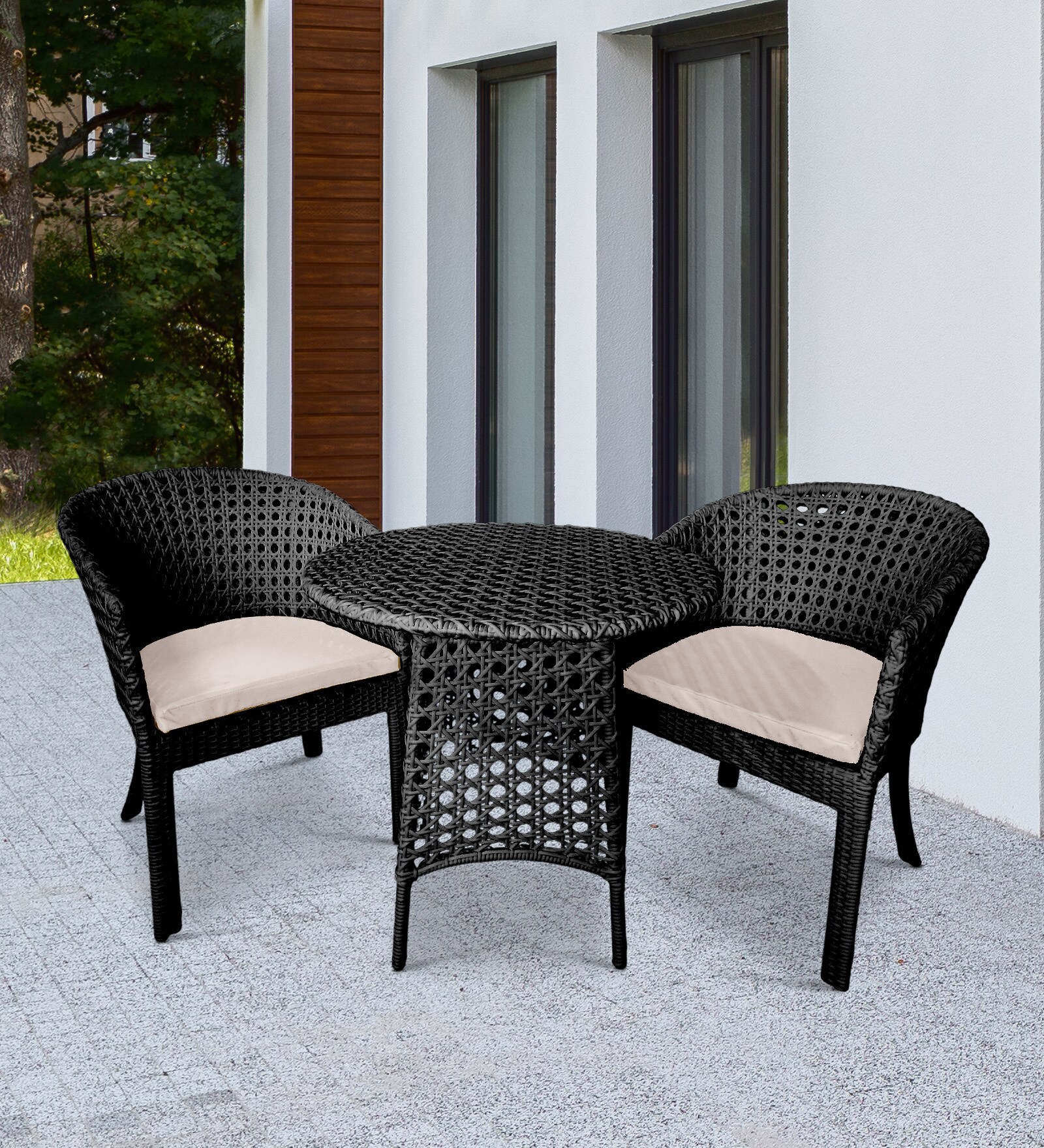 Pavillion Wicker Outdoor Table with Chair Sets in Courduroy Black Finish